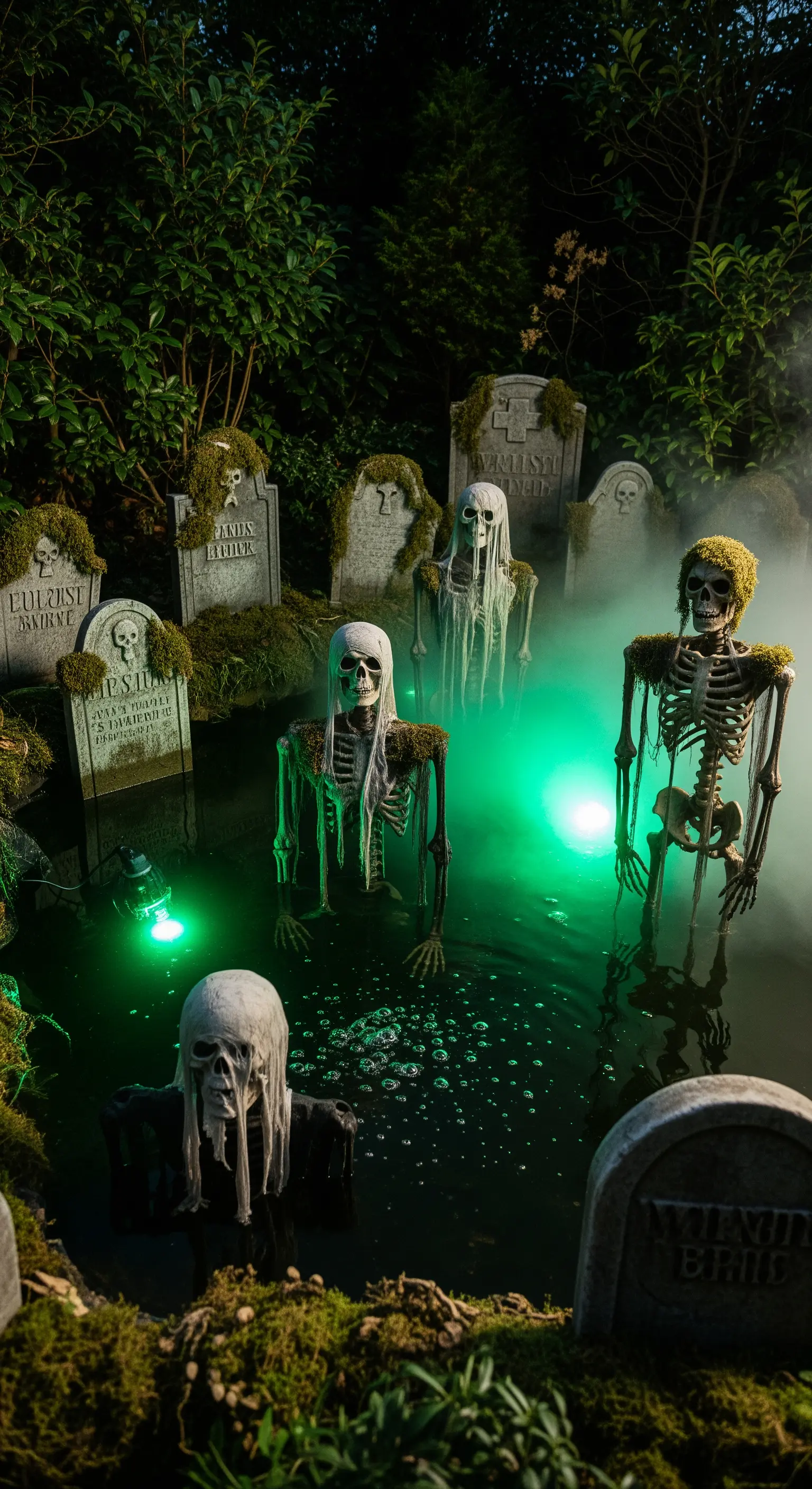 Scheletri spettrali emergono da uno stagno illuminato da una luce verde e avvolto dalla nebbia.