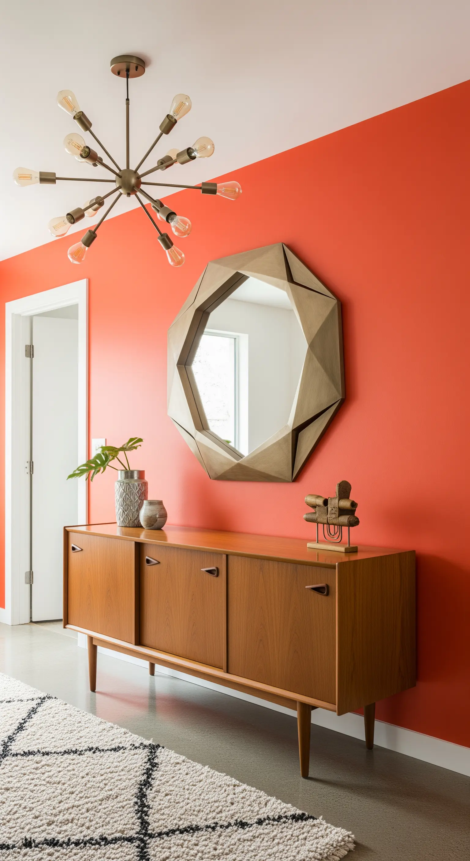 Parete rosso-arancio con credenza Mid-Century, specchio geometrico e lampadario sputnik.