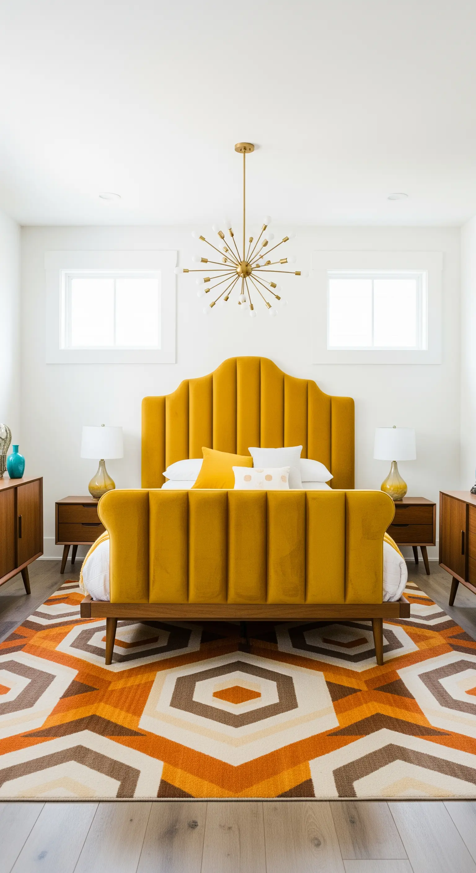 Letto in velluto giallo senape con tappeto geometrico e arredi Mid-Century.