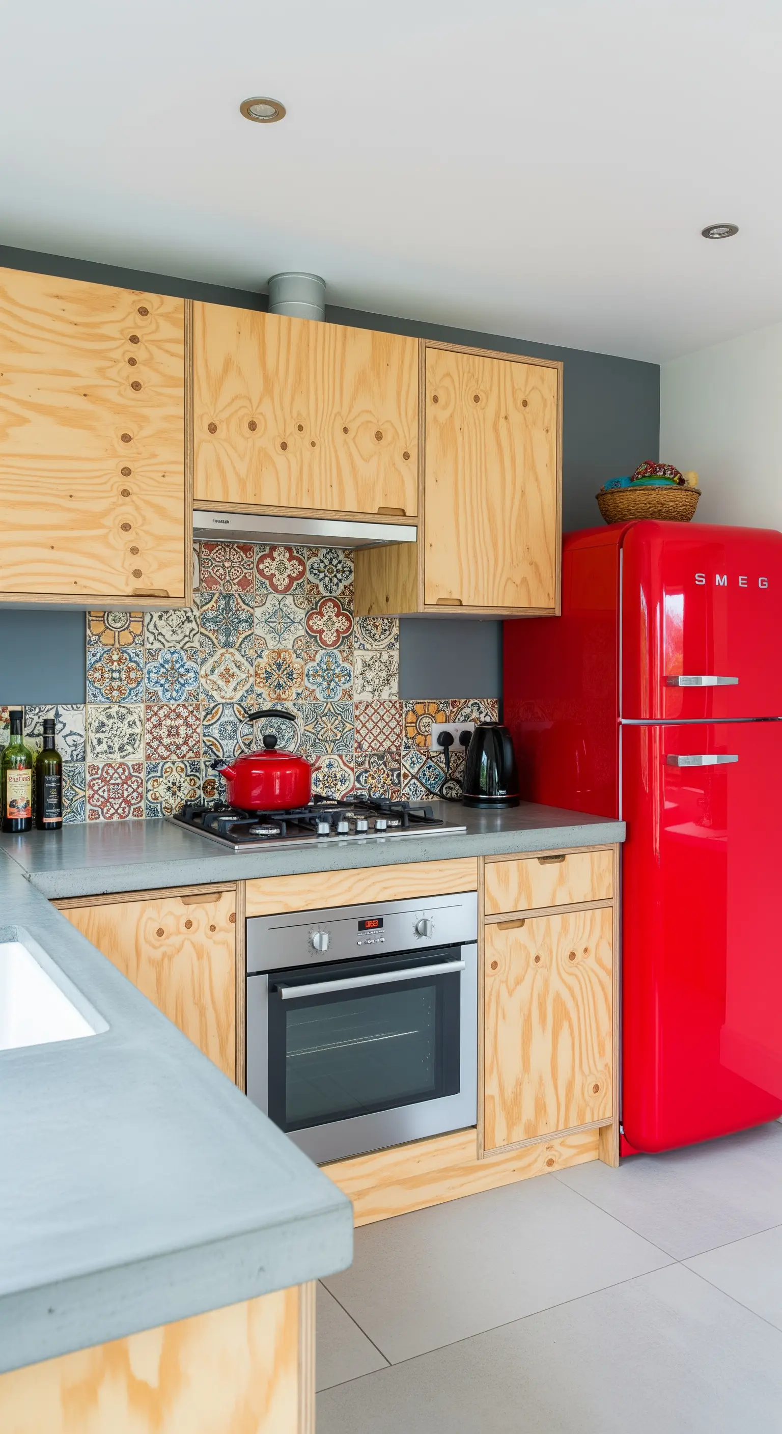 Cucina con ante in compensato, piastrelle decorate colorate e un frigorifero rosso in stile anni '50.