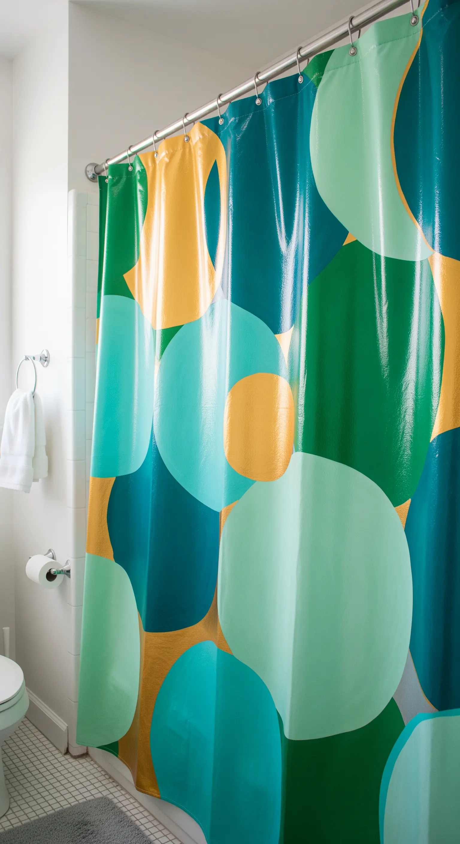 Tenda da doccia in vinile con grandi cerchi colorati sovrapposti in verde, blu e giallo.