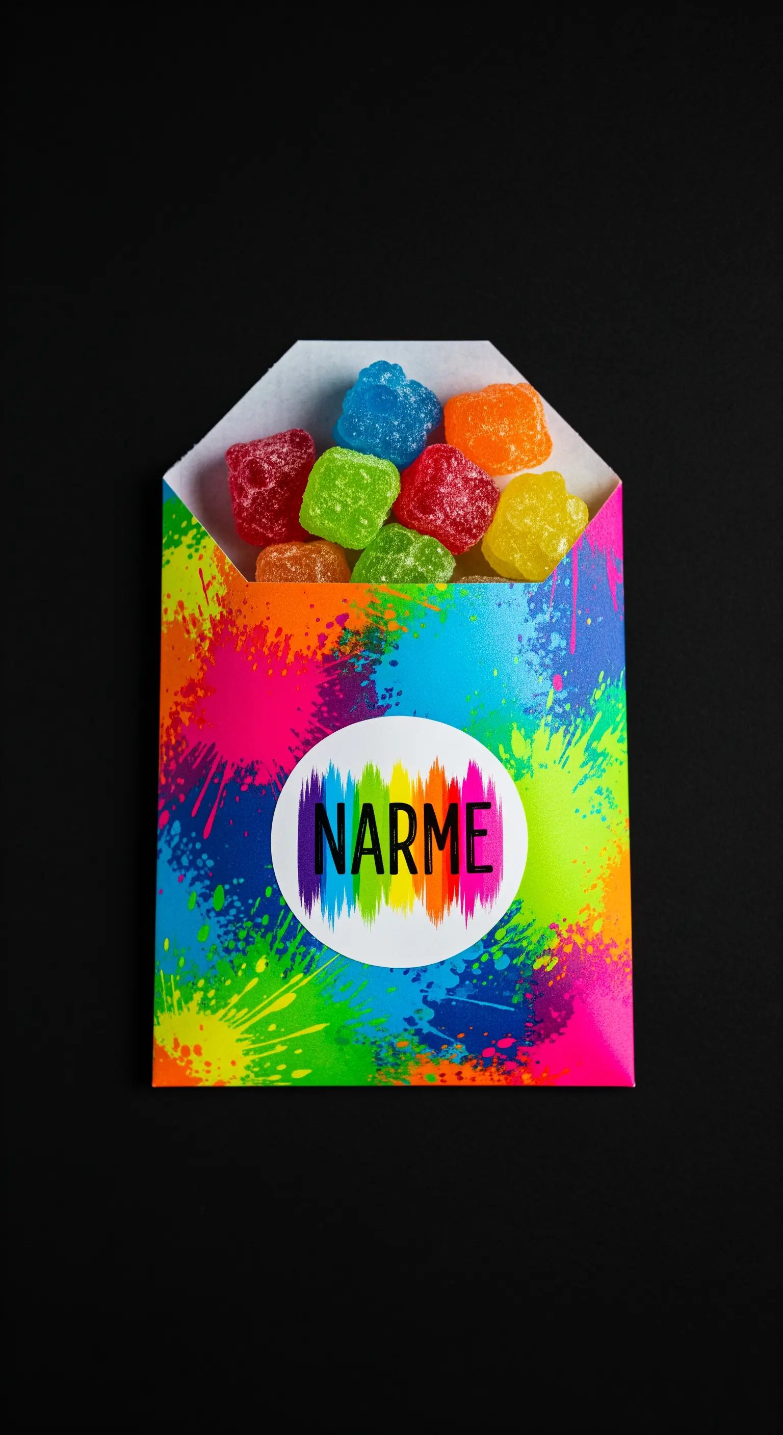 Busta con stampa a schizzi di vernice colorata, piena di caramelle gommose multicolore.