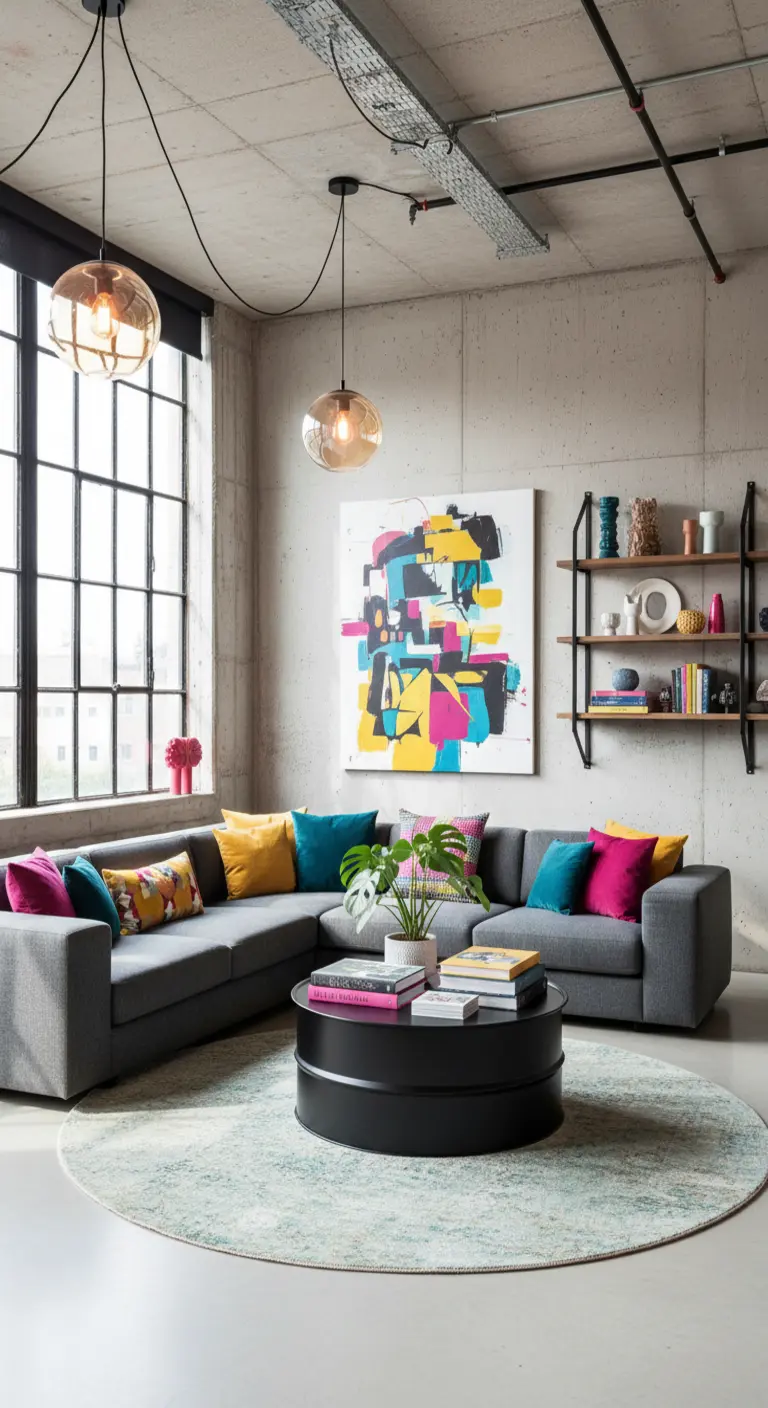 Divano angolare grigio con cuscini colorati vivaci in un salotto industriale.