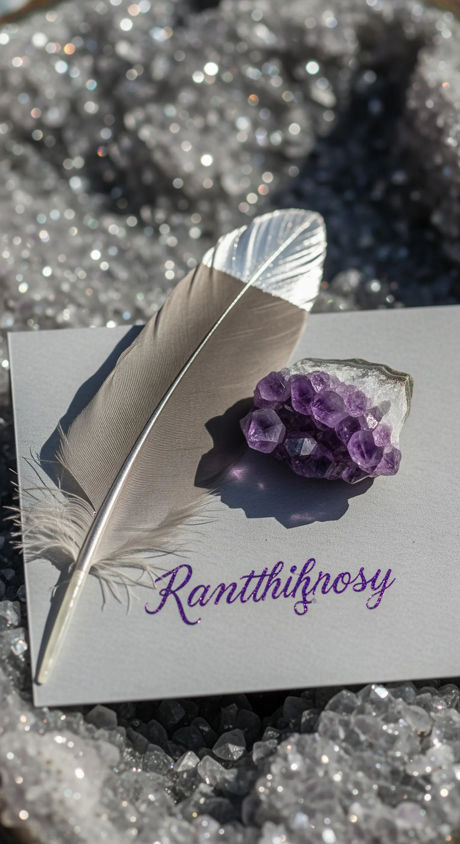 Segnaposto con piuma grigia, un cristallo di ametista e nome scritto in viola glitterato.