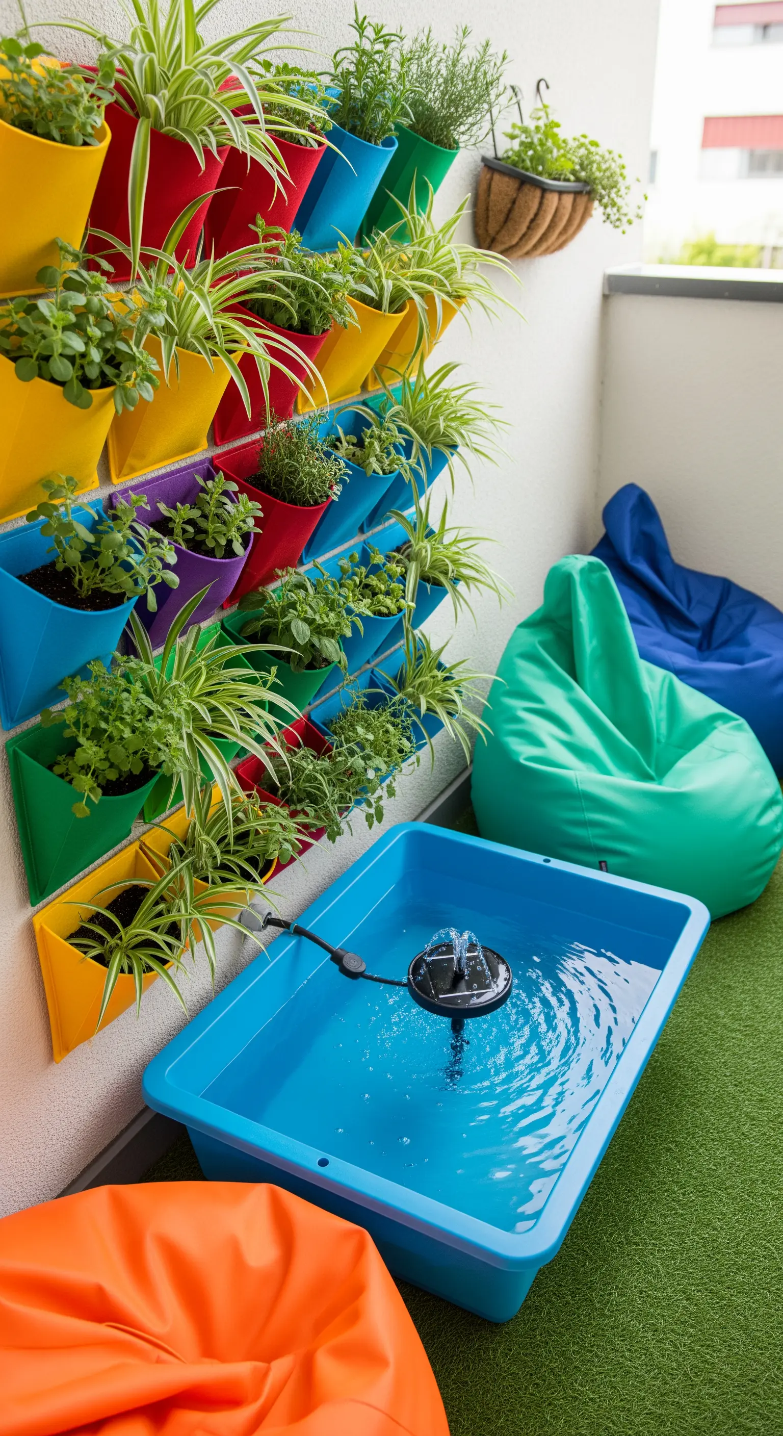 Balcone colorato con fioriere in tessuto, pouf e una piccola fontana solare in un contenitore blu.