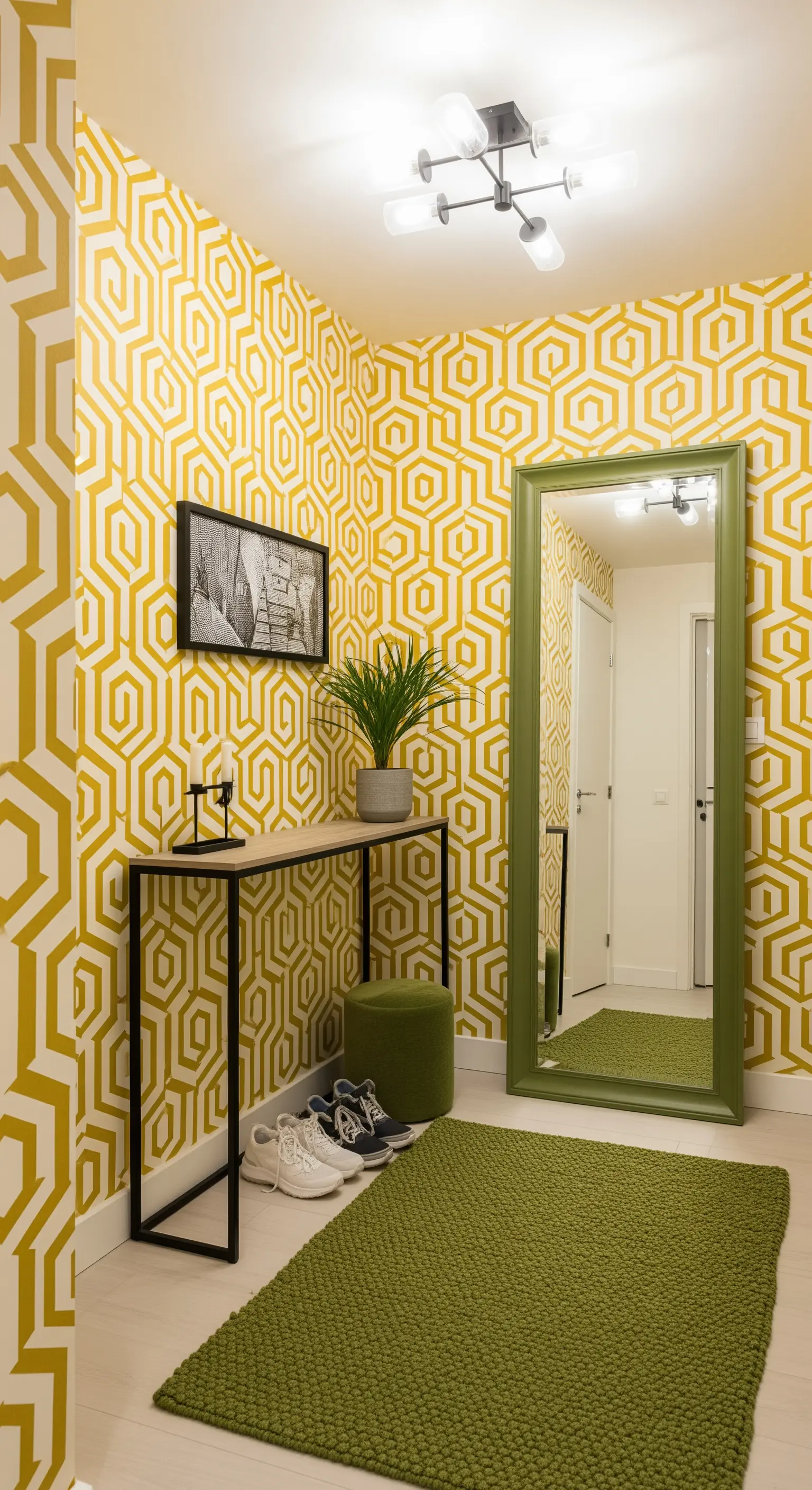 Ingresso con carta da parati geometrica senape, specchio con cornice verde e tappeto verde.