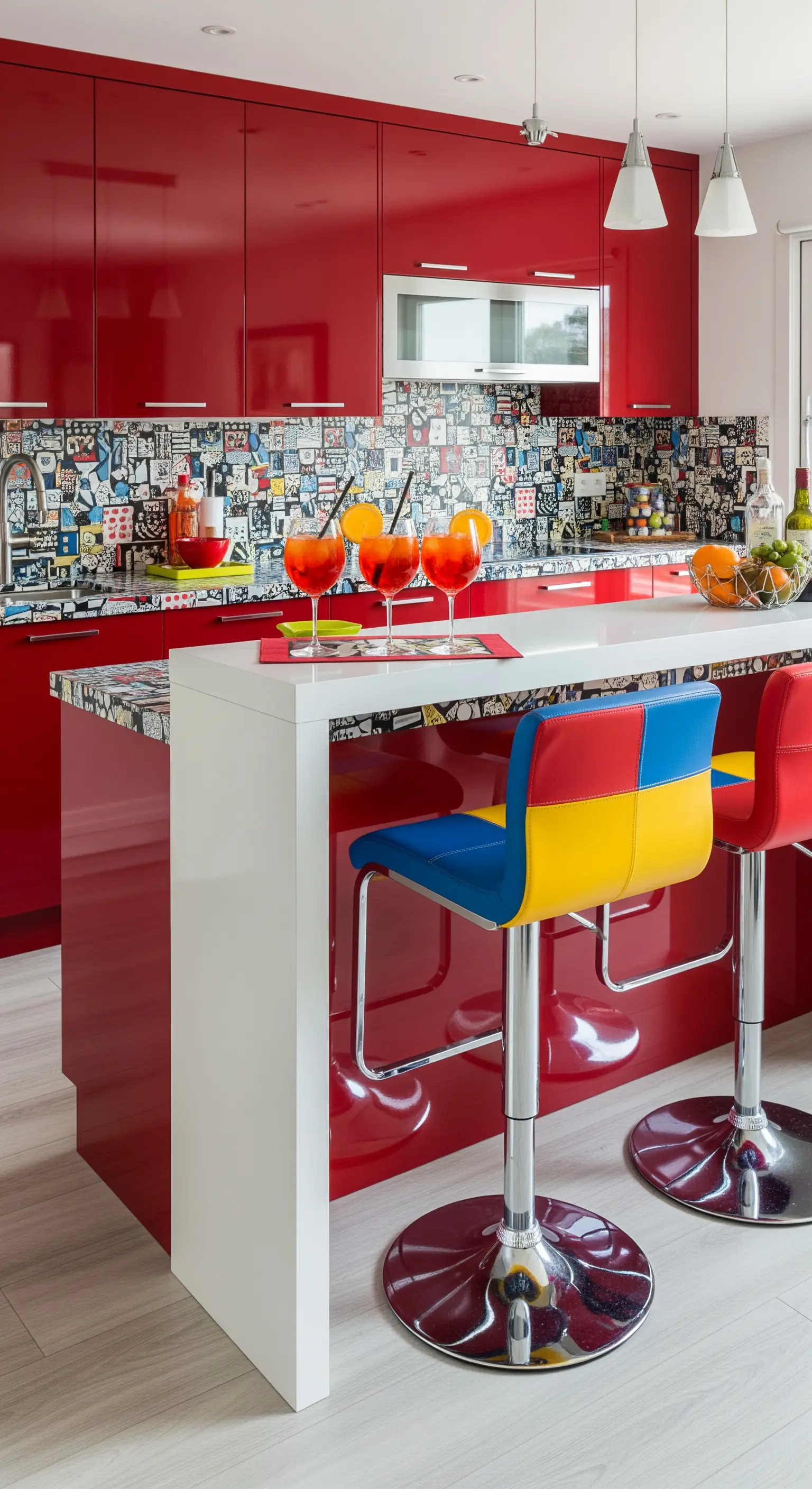 Cucina Pop Art con mobili rossi laccati, paraschizzi a fumetti e sgabelli multicolore.