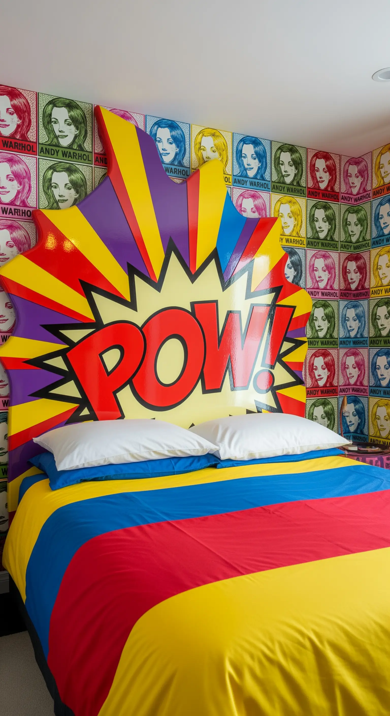 Testiera a forma di esplosione da fumetto Pop Art con la scritta POW! e colori vivaci.