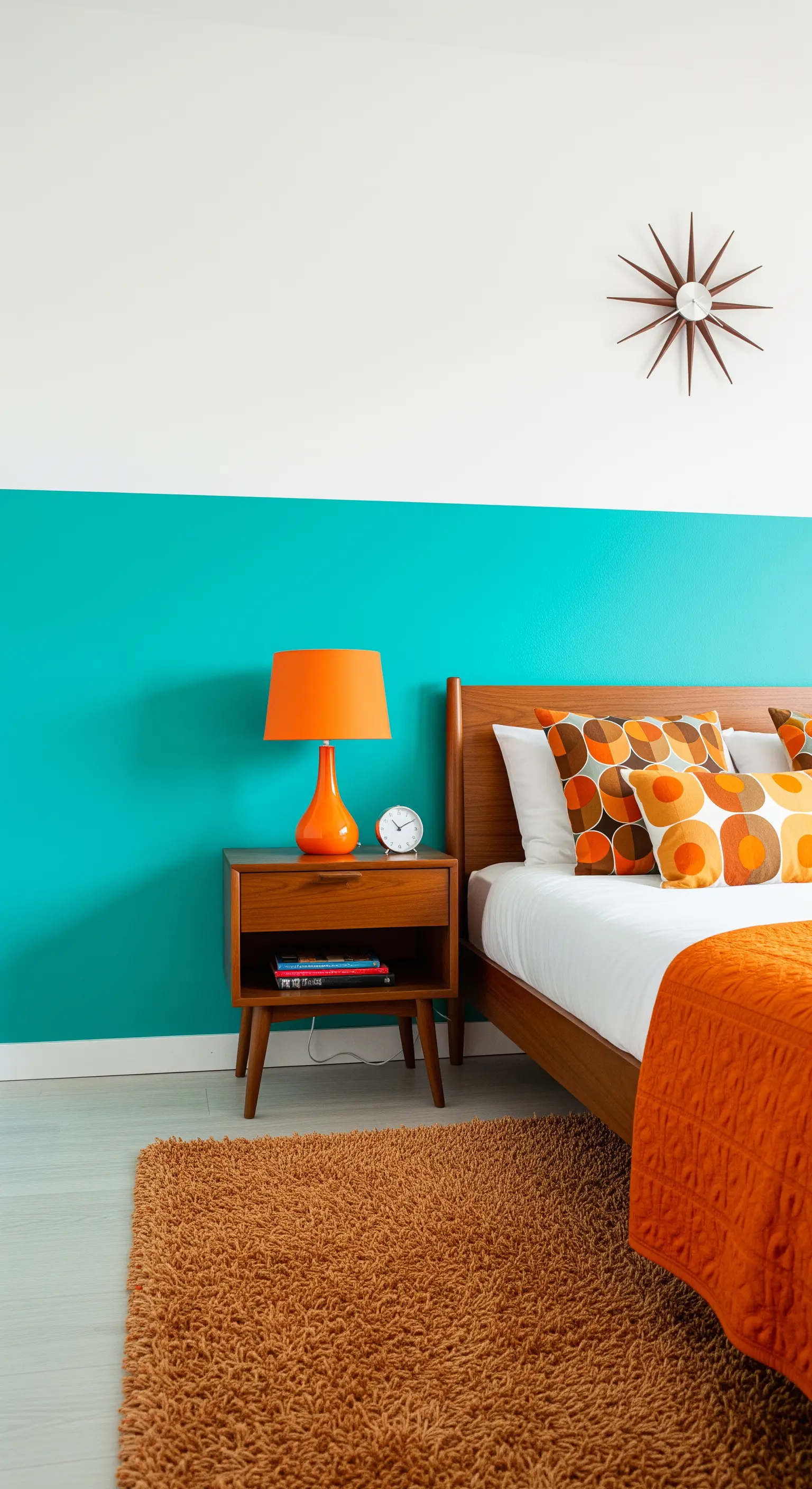 Camera da letto in stile Mid-Century con parete turchese e arredi in legno e arancione.