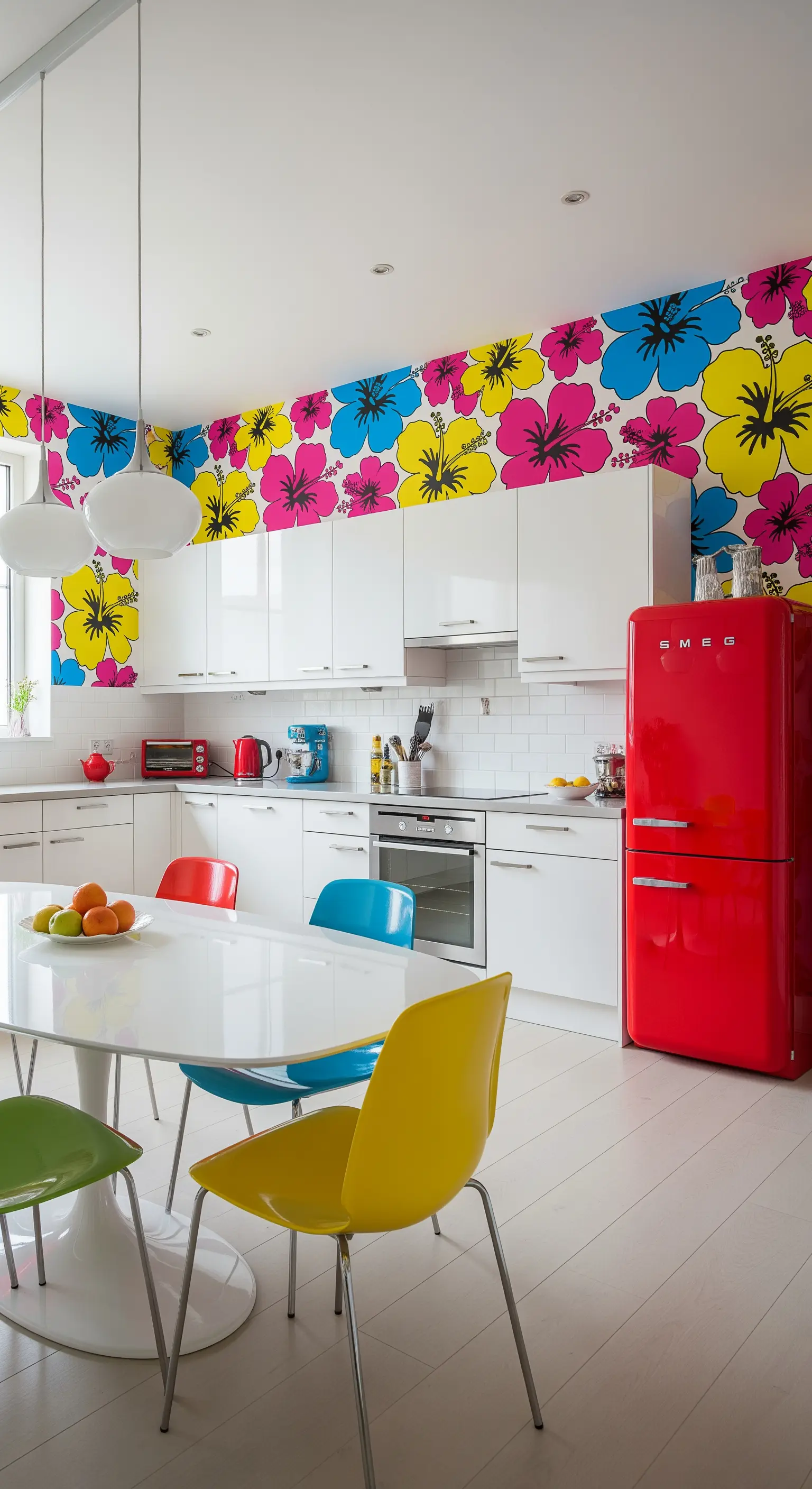 Cucina bianca con carta da parati a fiori pop, sedie colorate e frigo rosso.
