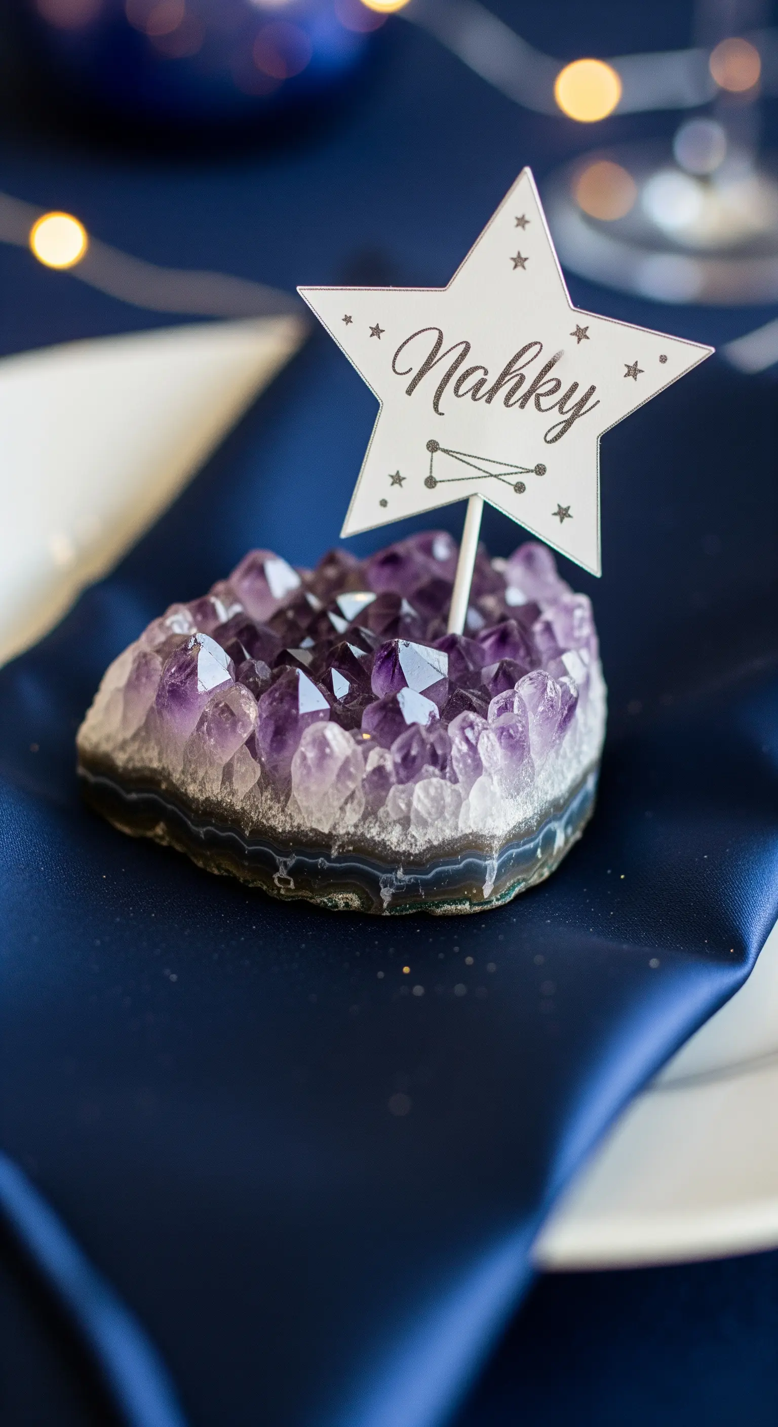 Segnaposto con una geode di ametista che sorregge un cartoncino a forma di stella.