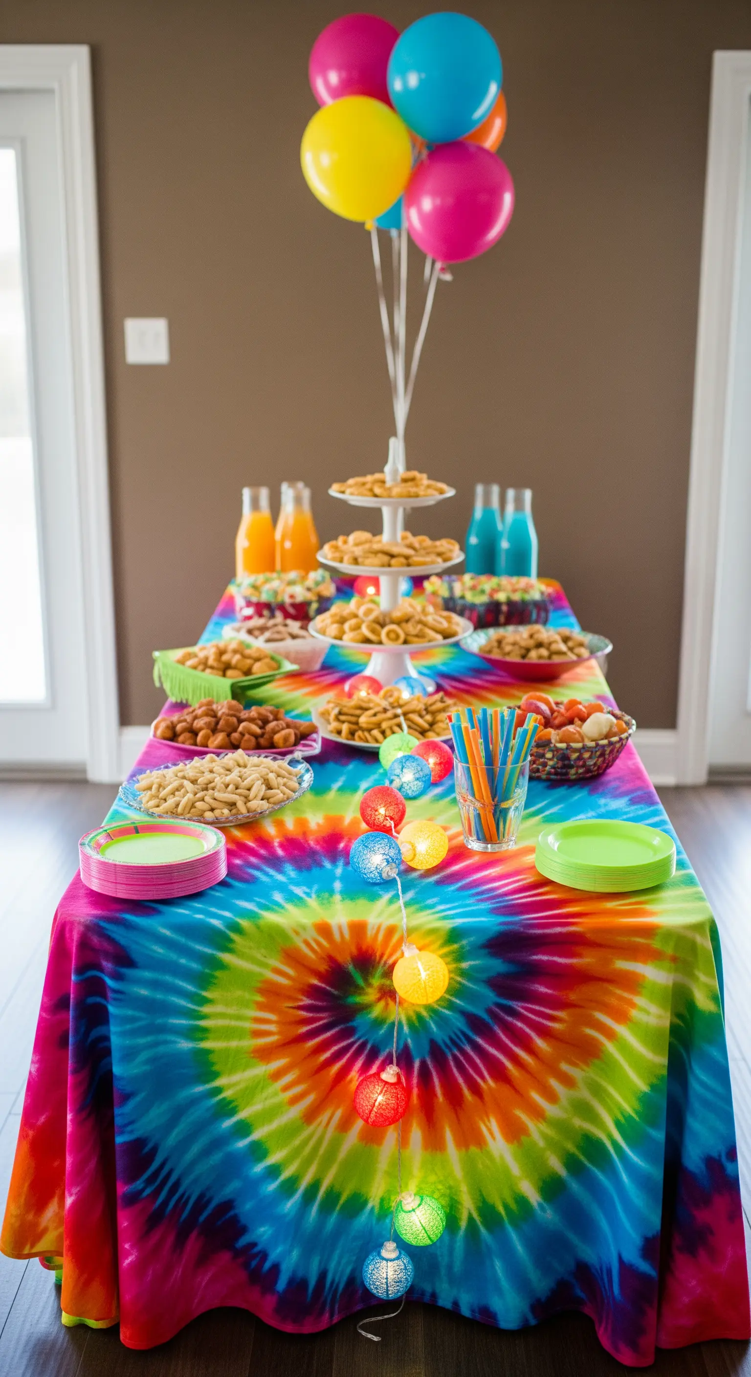 Tovaglia per buffet con un grande motivo a spirale tie-dye e luci colorate.