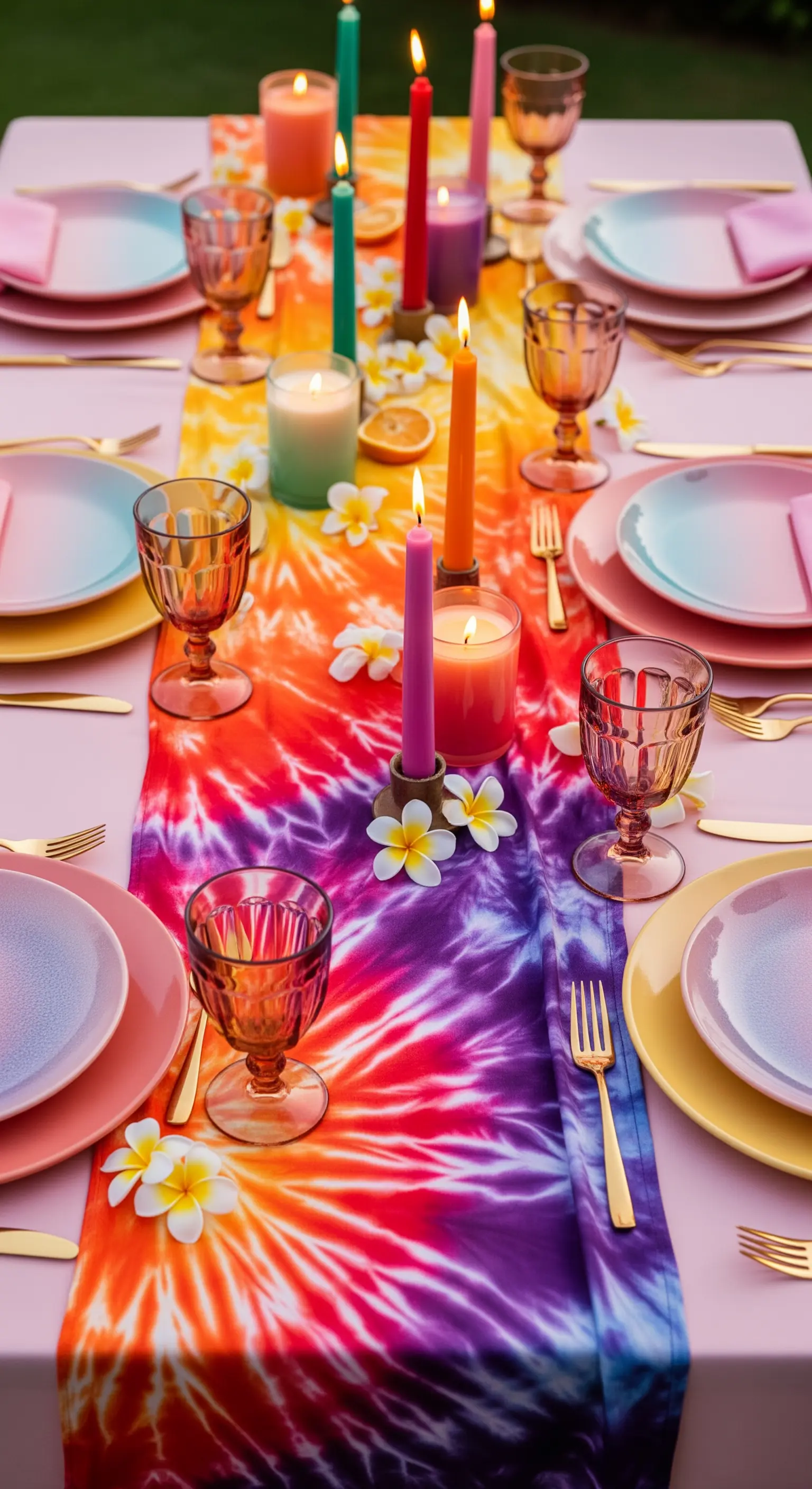 Tavola con runner tie-dye arcobaleno, piatti e candele di colori vivaci