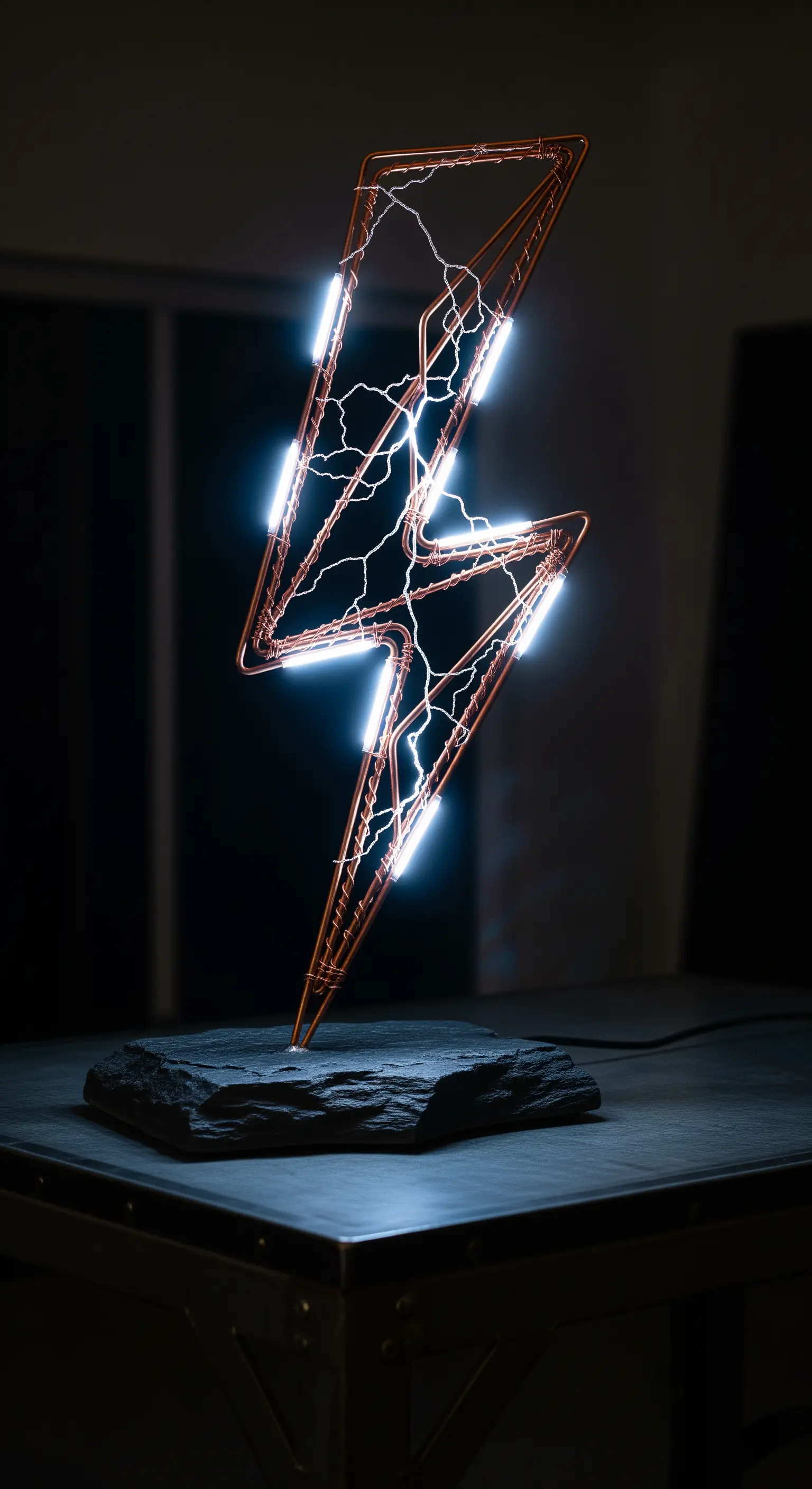 Lampada a forma di fulmine in rame con tubi LED bianchi e base in ardesia scura.