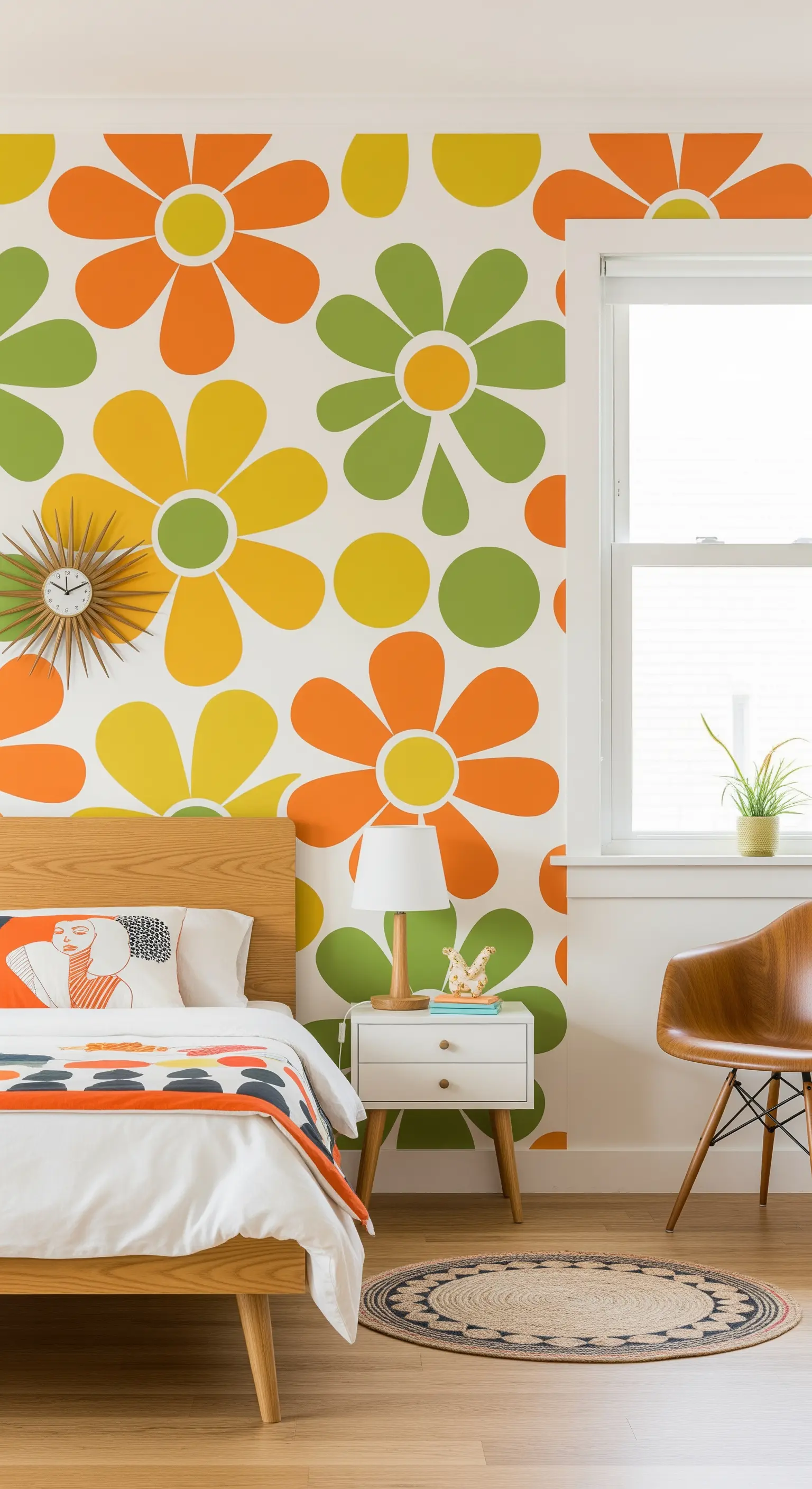 Carta da parati stile anni '70 con grandi fiori arancioni, verdi e gialli.