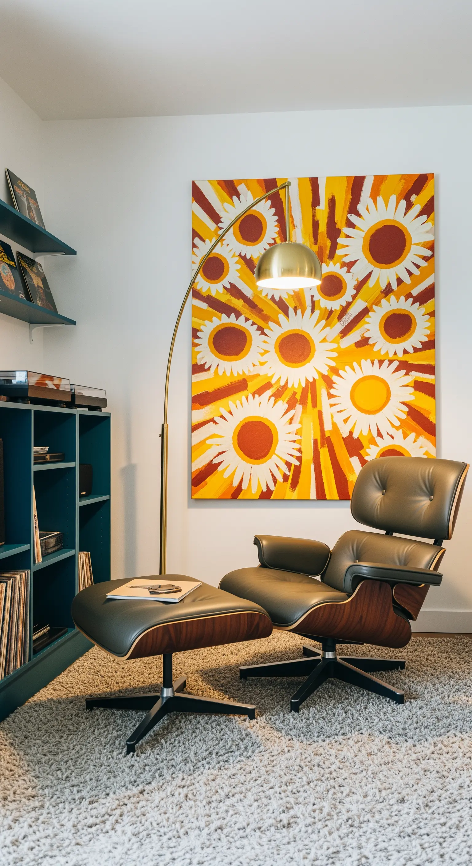 Angolo lettura mid-century con poltrona in pelle, lampada ad arco e quadro pop art a fiori.