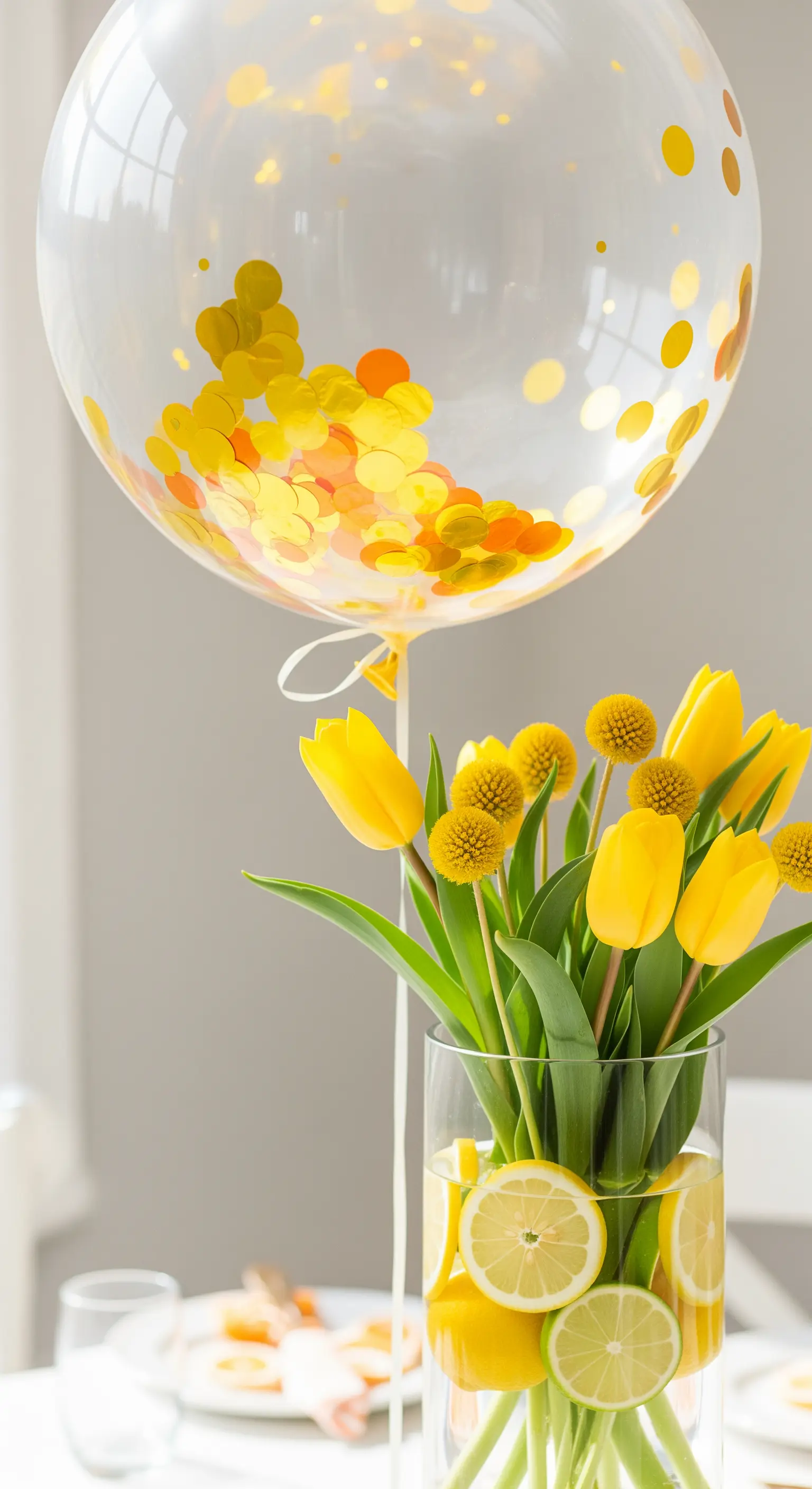 Centrotavola con tulipani gialli in un vaso con fette di limone e un palloncino con coriandoli gialli.
