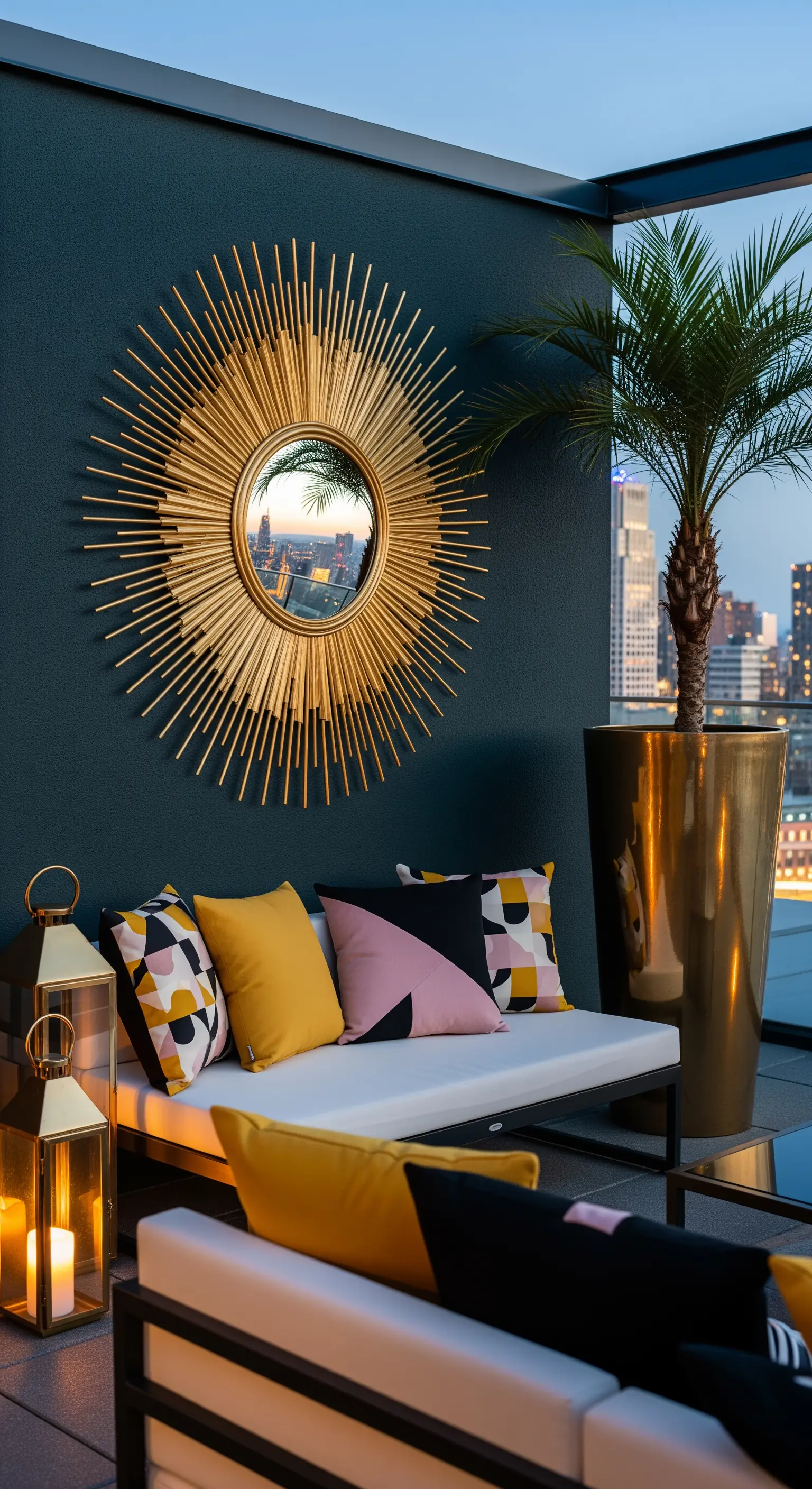 Specchio dorato a raggiera su una parete blu scuro in una terrazza moderna con cuscini geometrici.