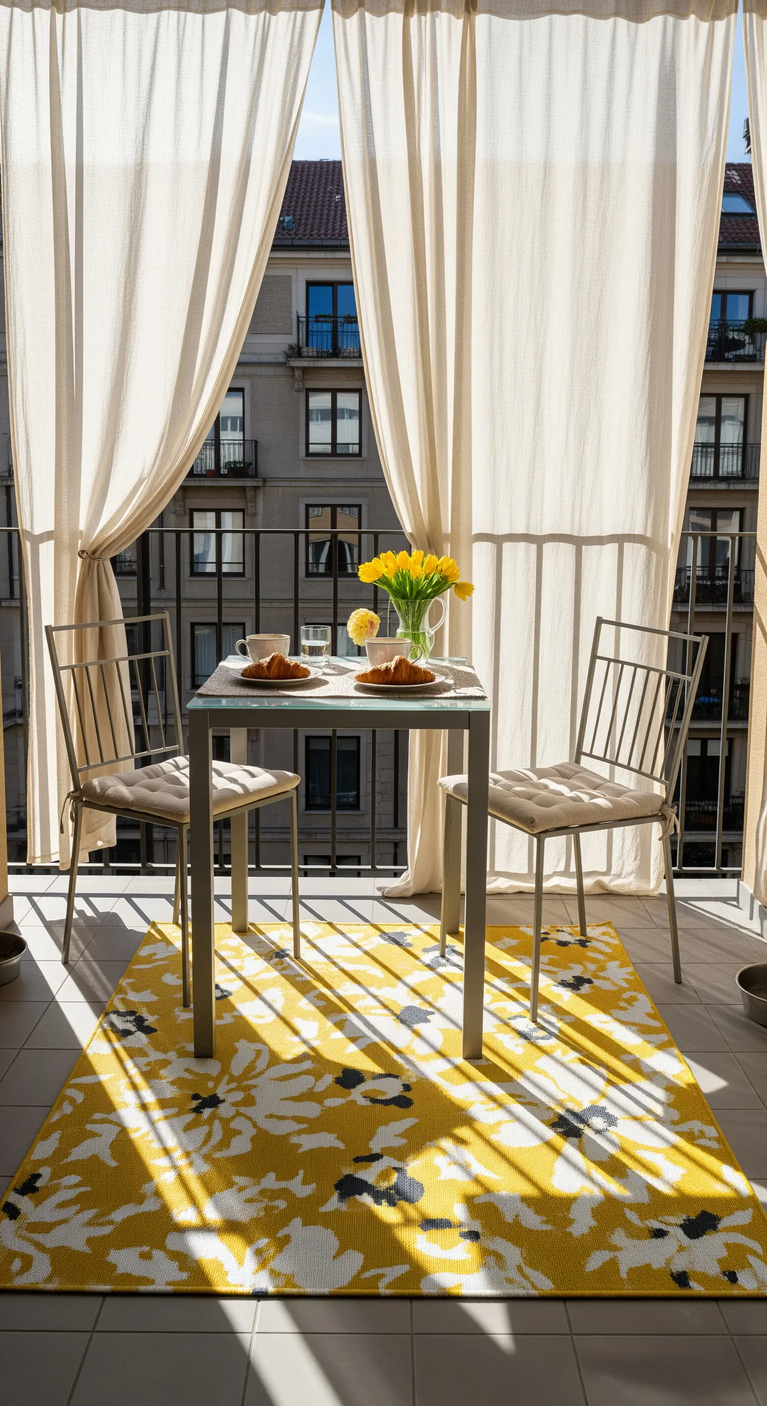 Balcone con arredi minimal, tende color crema e un vivace tappeto floreale giallo.