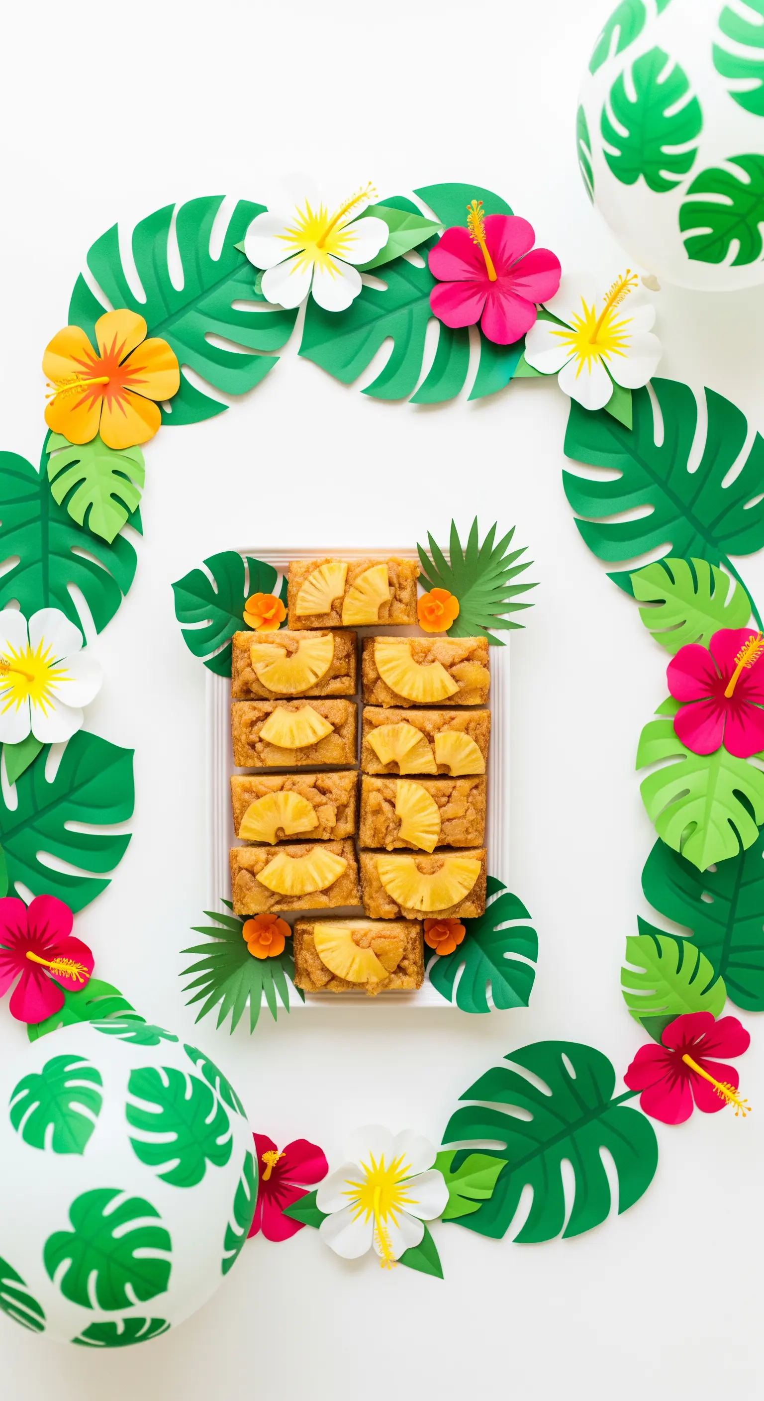 Dolci all'ananas incorniciati da foglie e fiori di carta tropicali e palloncini a tema.