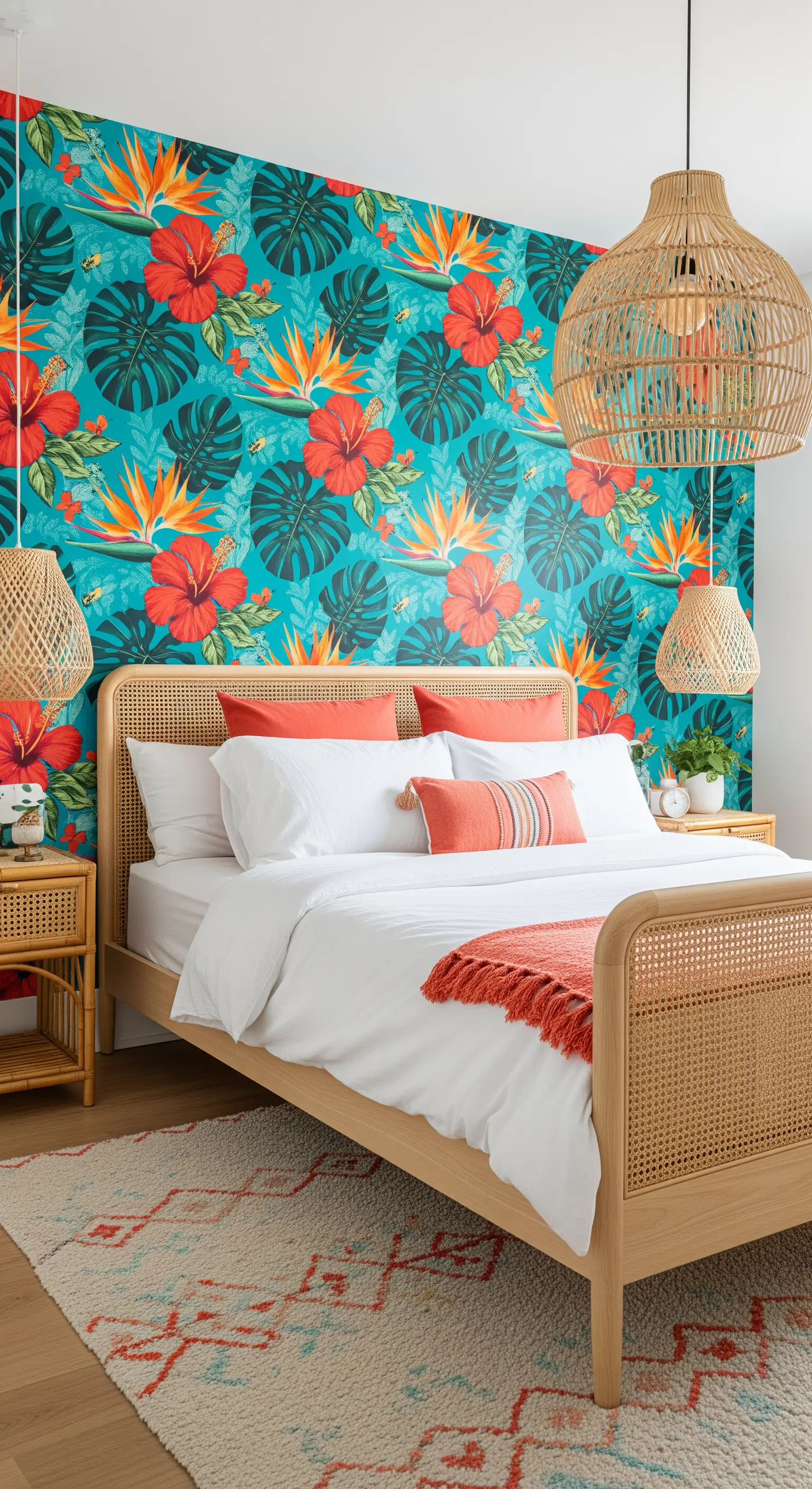 Camera da letto con carta da parati tropicale, letto in rattan e accenti color corallo.