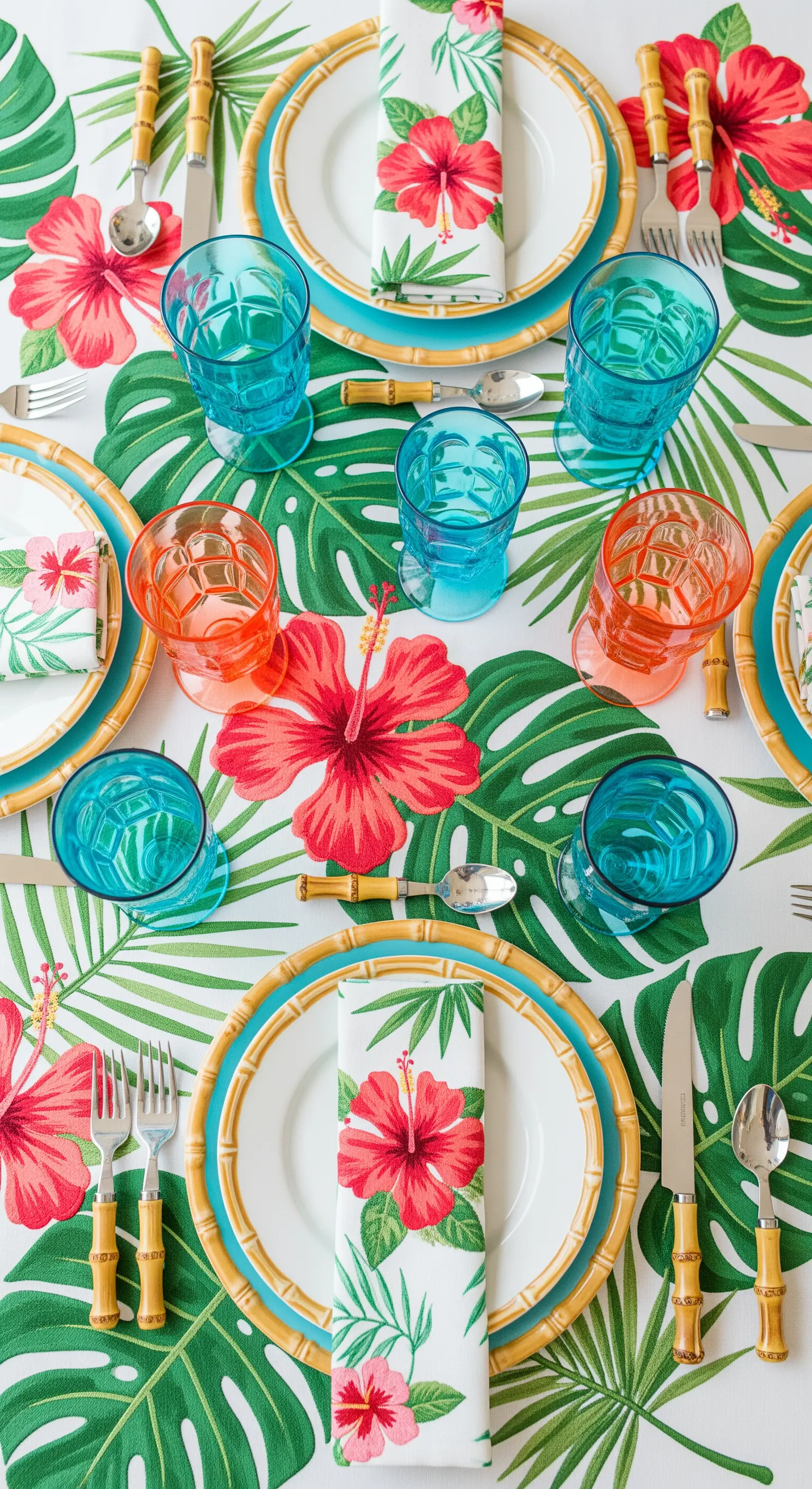 Tavola a tema tropicale con tovaglia a foglie di monstera, piatti con bordo in bambù.