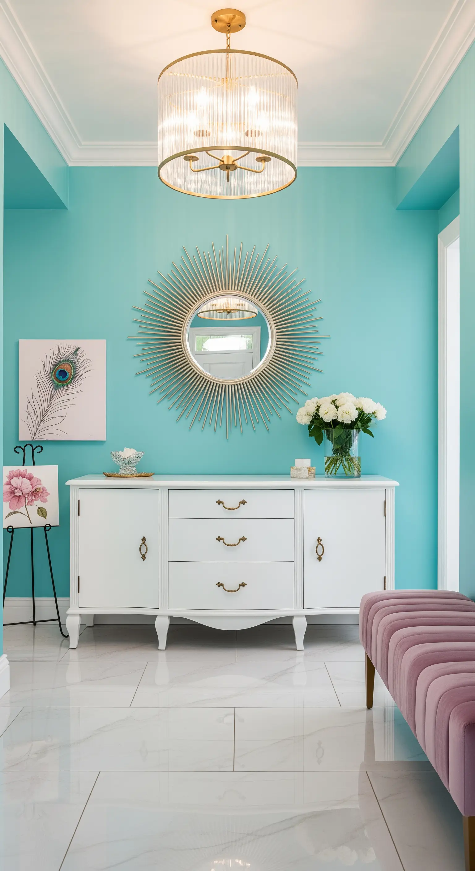 Parete turchese con credenza bianca, specchio dorato a raggiera e panca rosa.