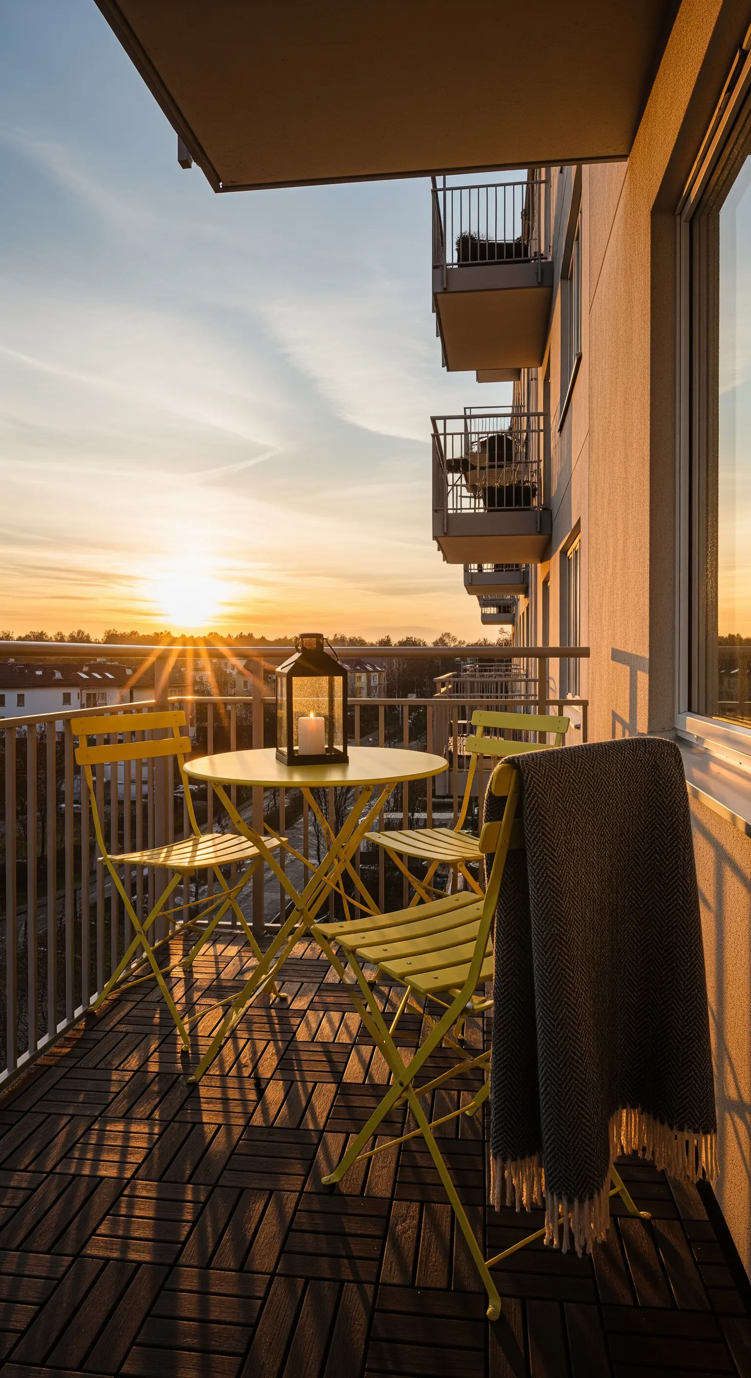 Set da bistrò giallo brillante su un balcone con pavimento in legno, illuminato dalla luce del tramonto.