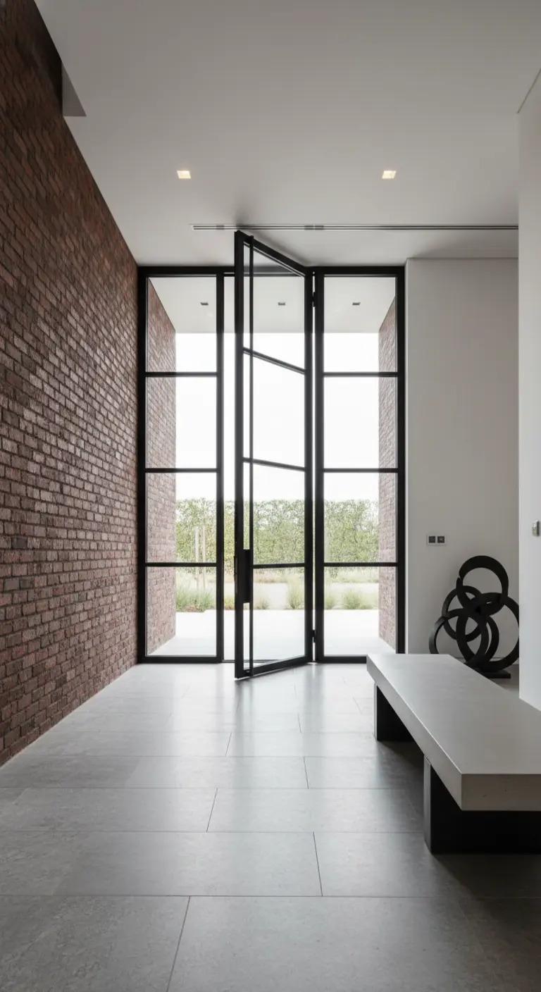 Ingresso con porta a bilico in vetro e parete in mattoni a vista.