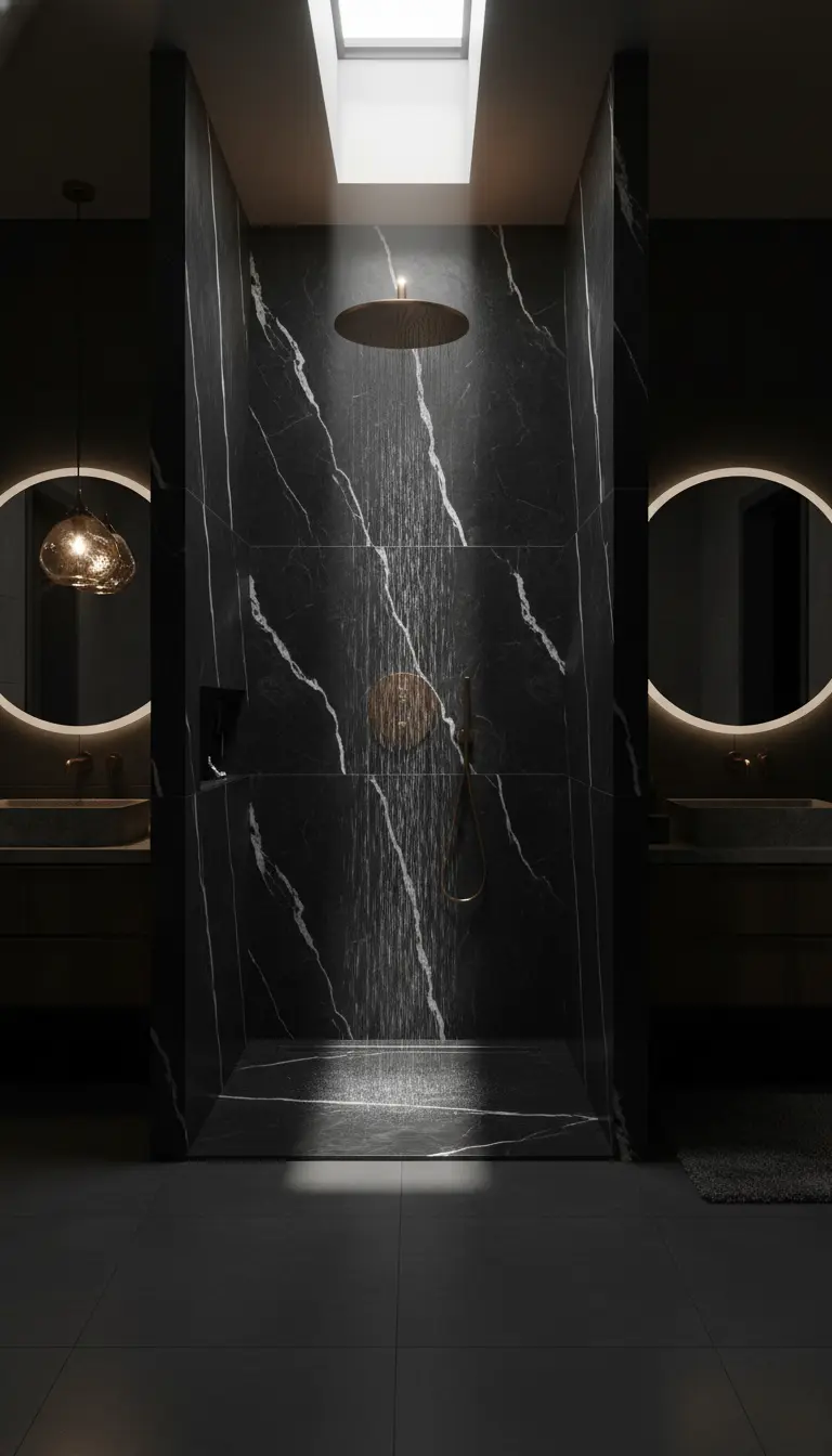 Doccia a pioggia in marmo nero illuminata da un lucernario, con rubinetteria dorata.