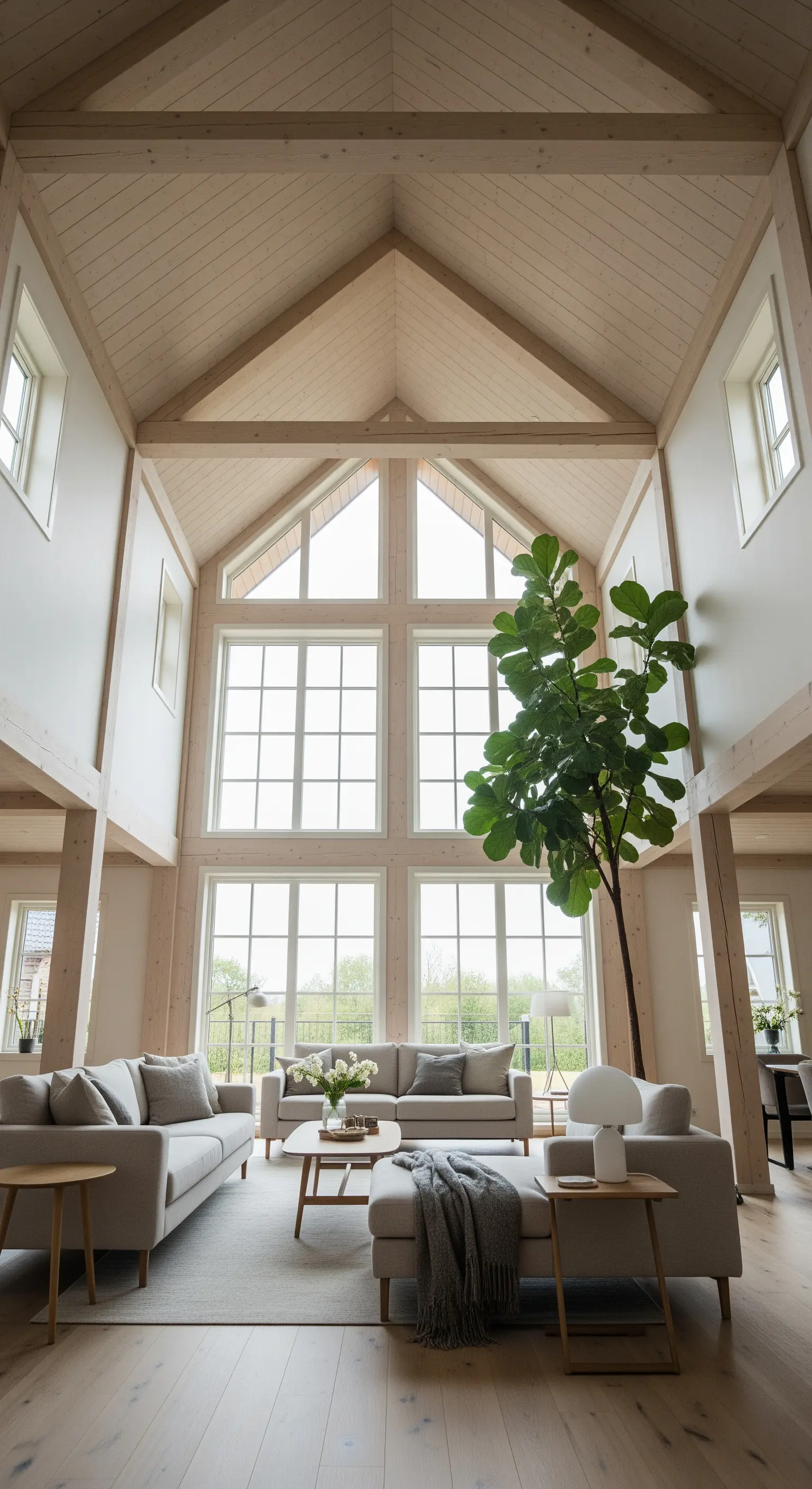 Salotto a doppia altezza con enormi finestre, travi in legno chiaro e arredi minimalisti.