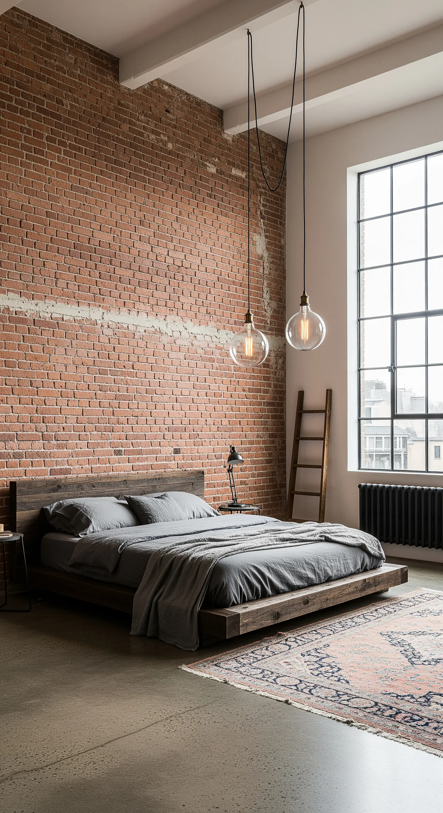 Camera da letto in stile loft con parete di mattoni, letto basso e lampade a sospensione con bulbi grandi.