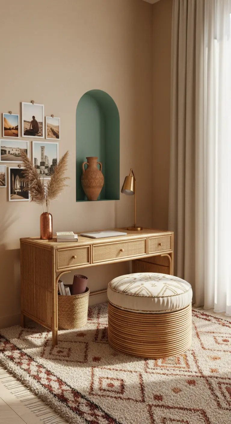 Scrivania in rattan posizionata sotto una piccola nicchia ad arco dipinta di verde salvia.