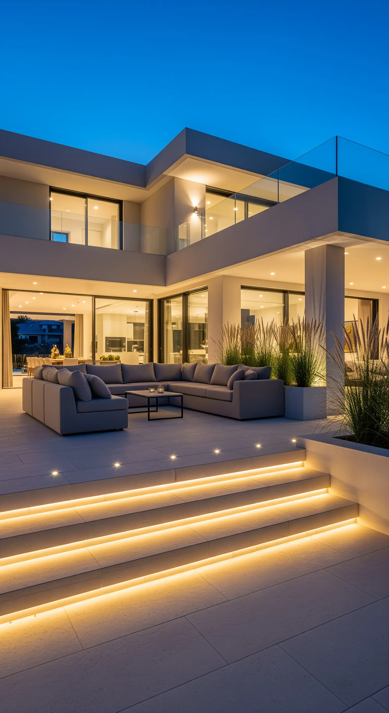 Villa moderna con gradini esterni illuminati da strisce LED e un grande divano angolare grigio.