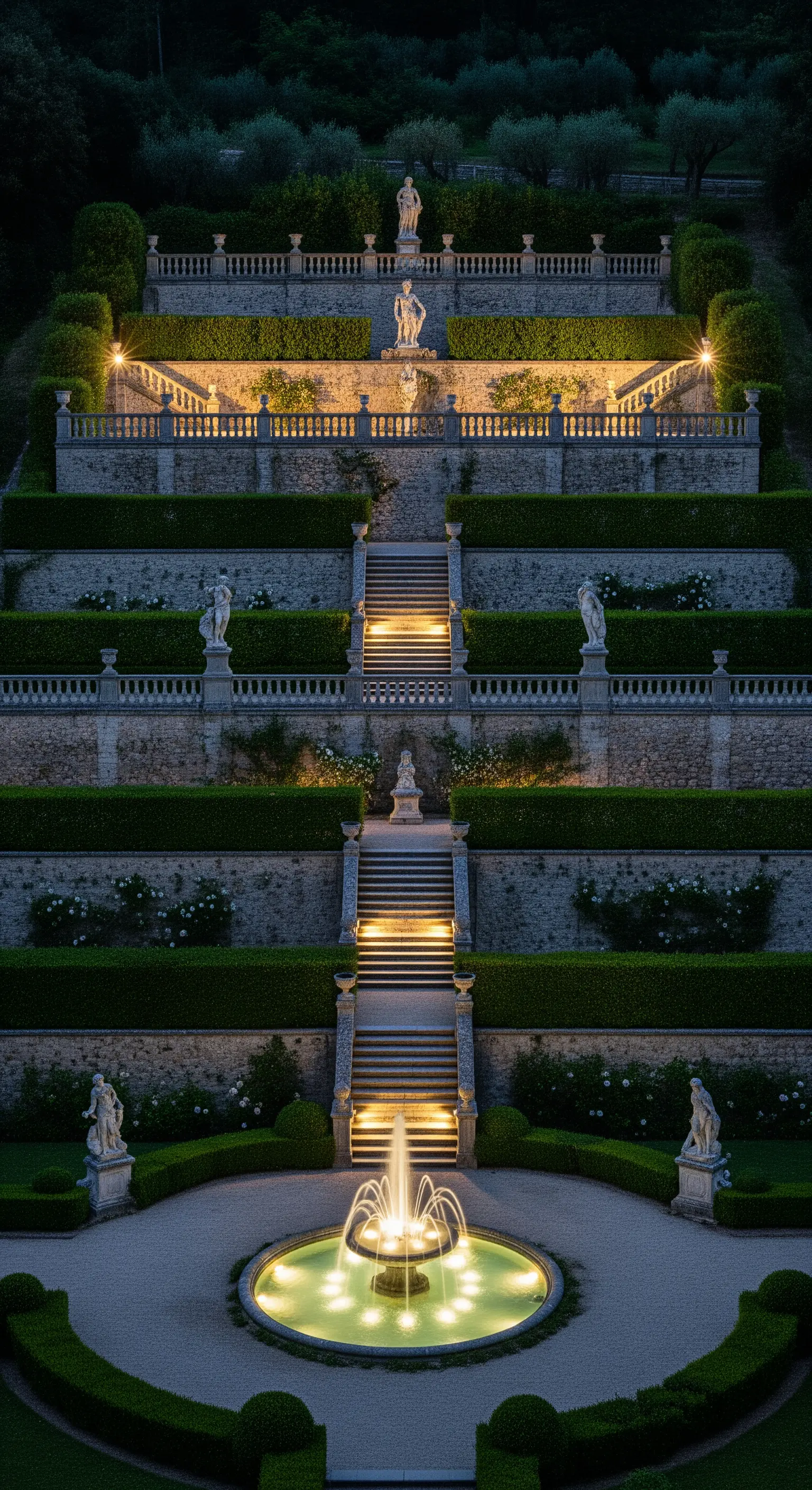 Giardino terrazzato monumentale illuminato di notte, con scalinate, statue e una fontana in primo piano.