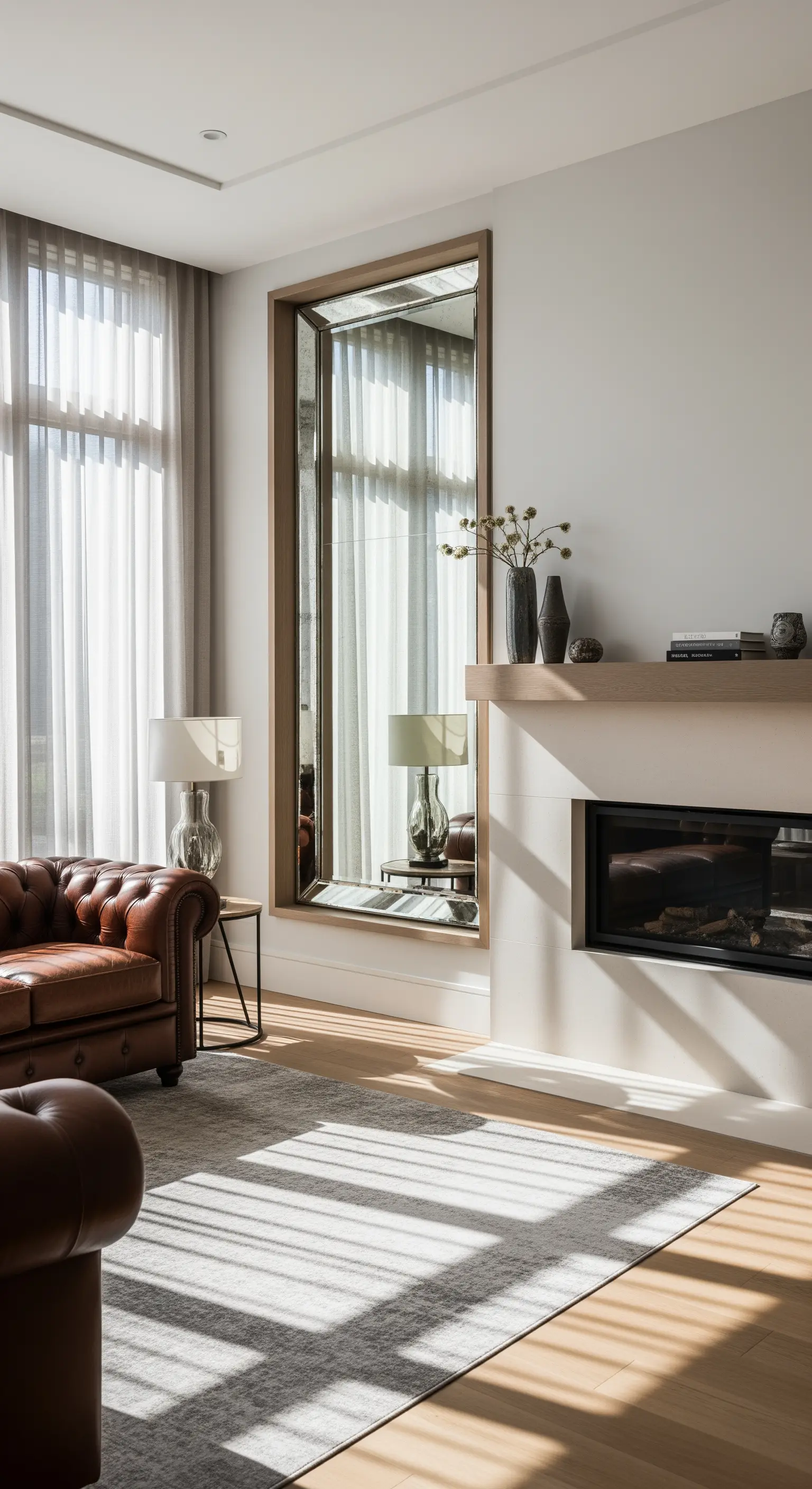 Specchio alto e stretto con cornice in legno installato accanto a un camino moderno.