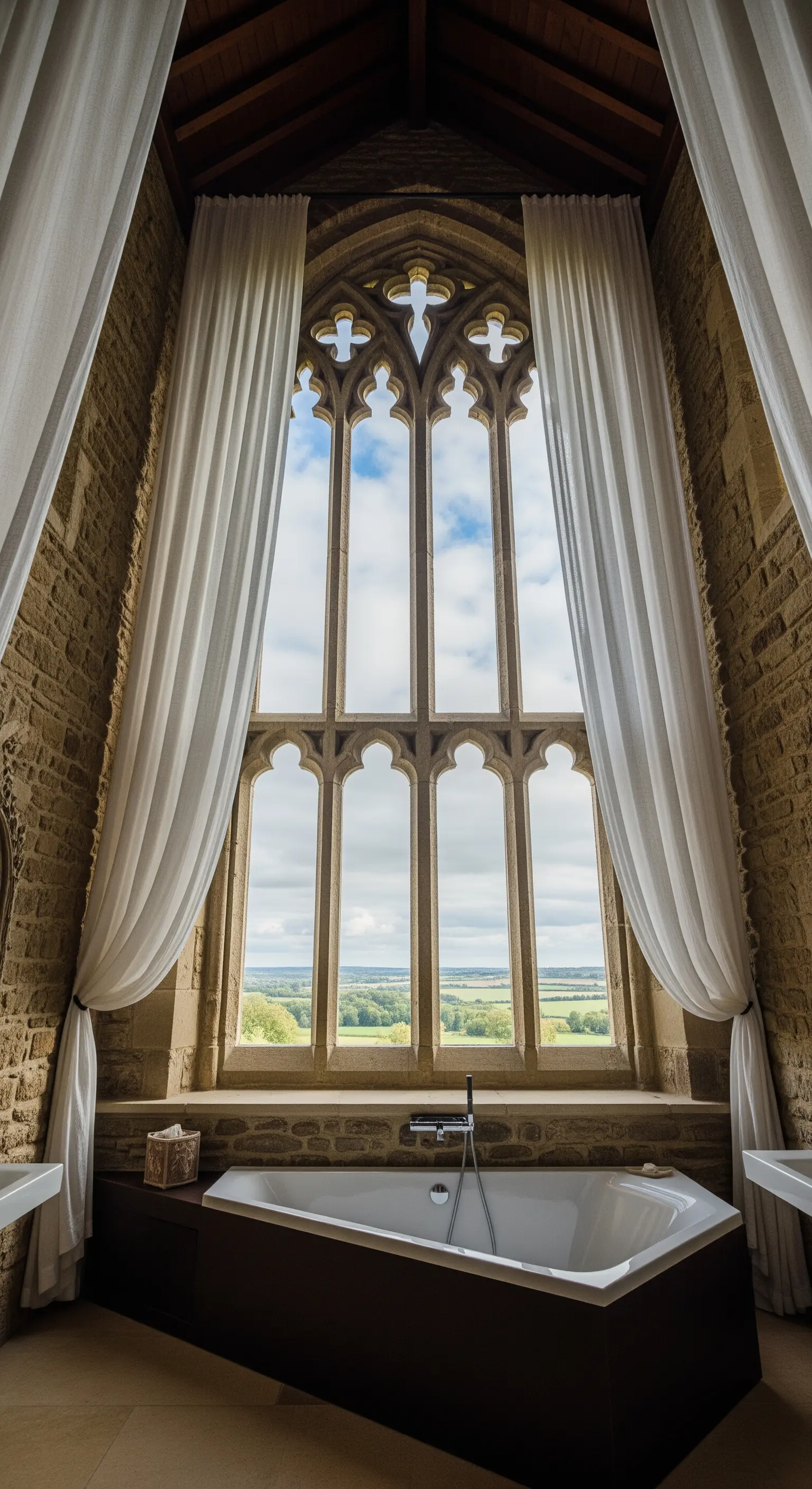 Vasca da bagno moderna sotto un'imponente finestra gotica in un bagno con pareti in pietra.