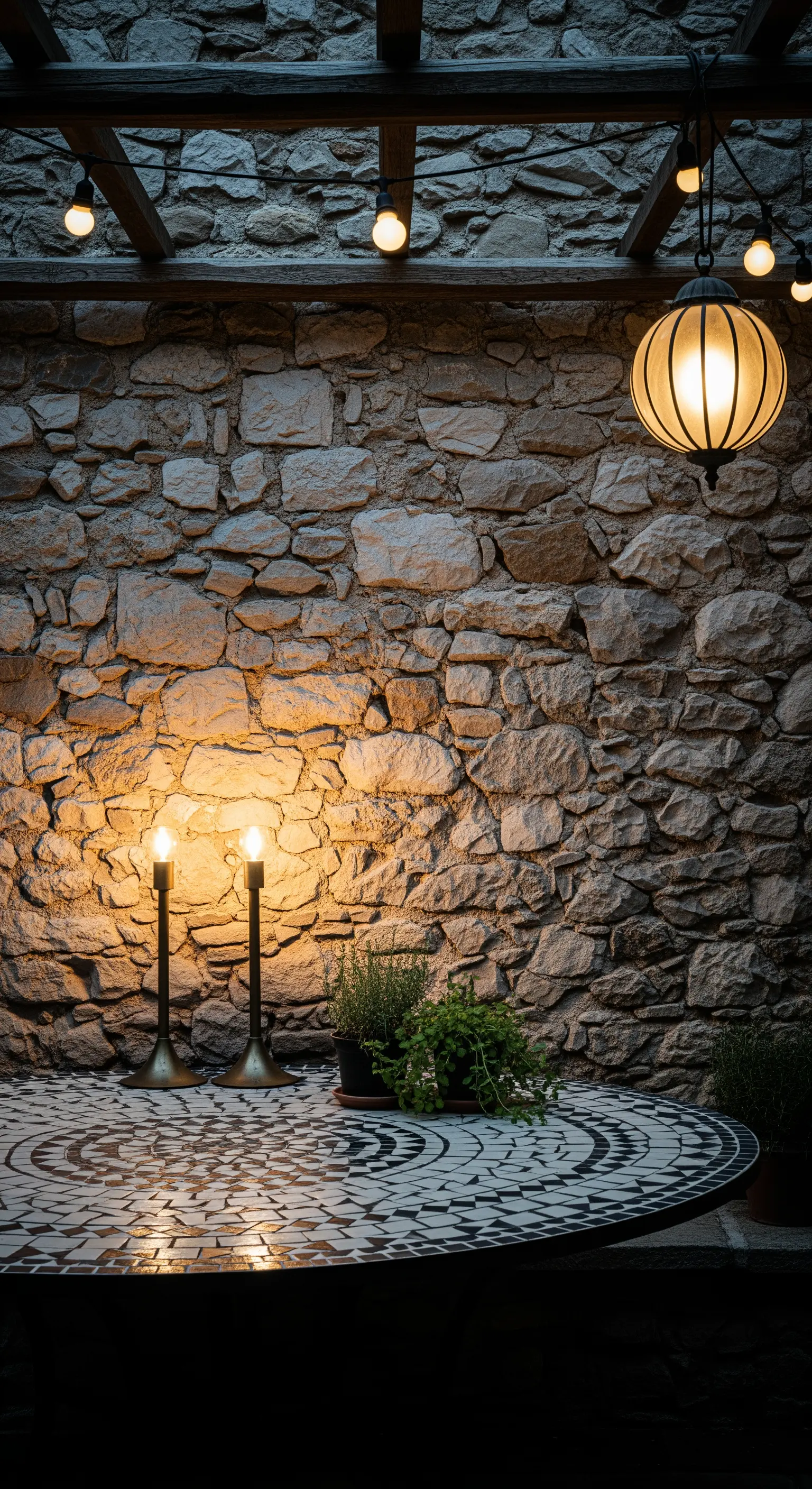 Parete in pietra a vista illuminata da luce radente che ne esalta la texture