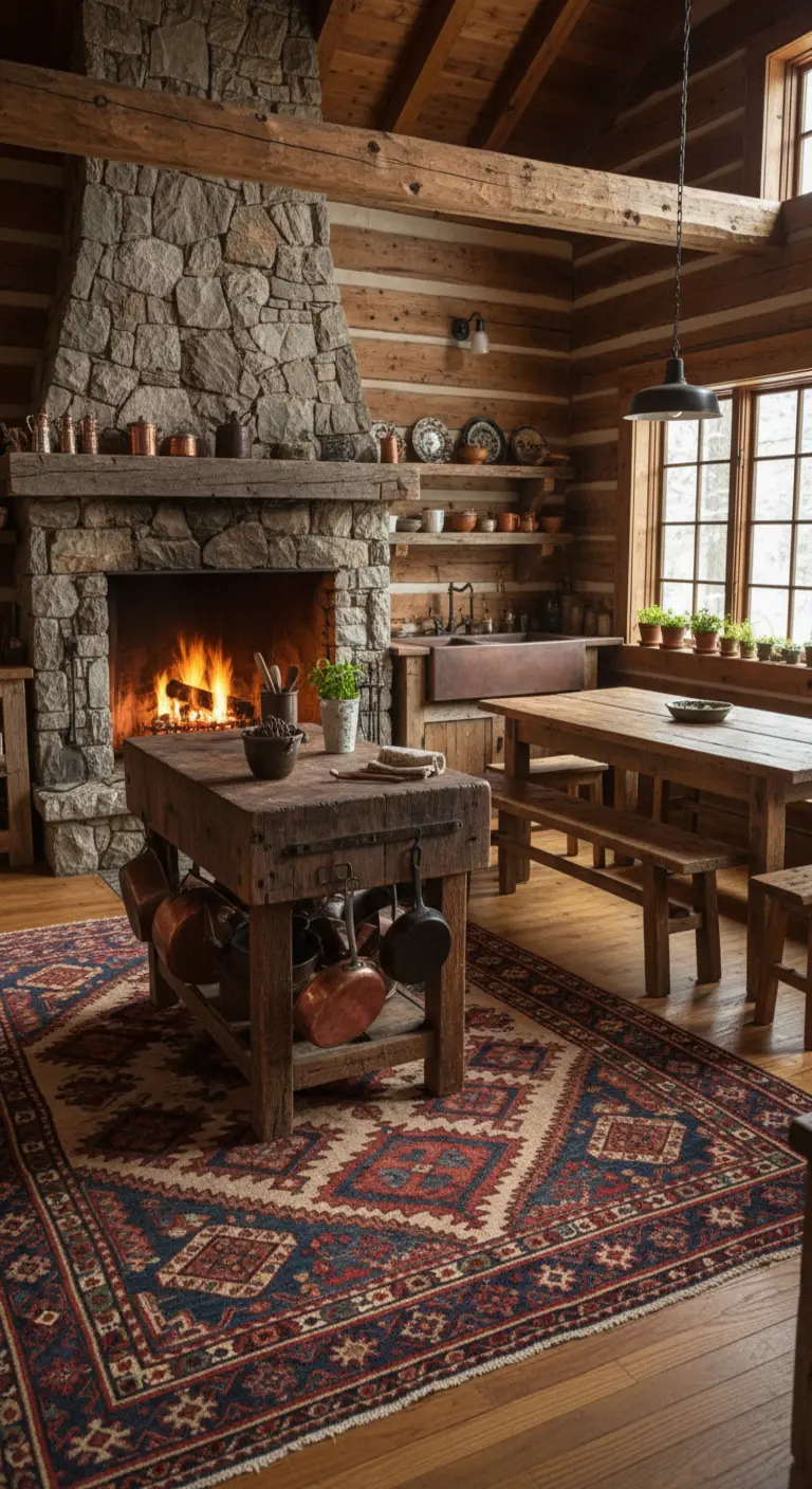 Cucina rustica in una baita con camino in pietra e tappeto etnico.