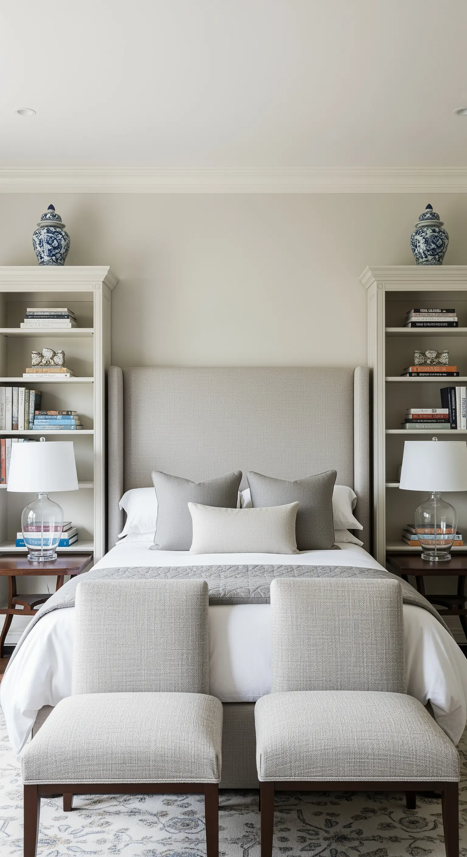 Due librerie bianche e strette ai lati di un letto con testiera imbottita.