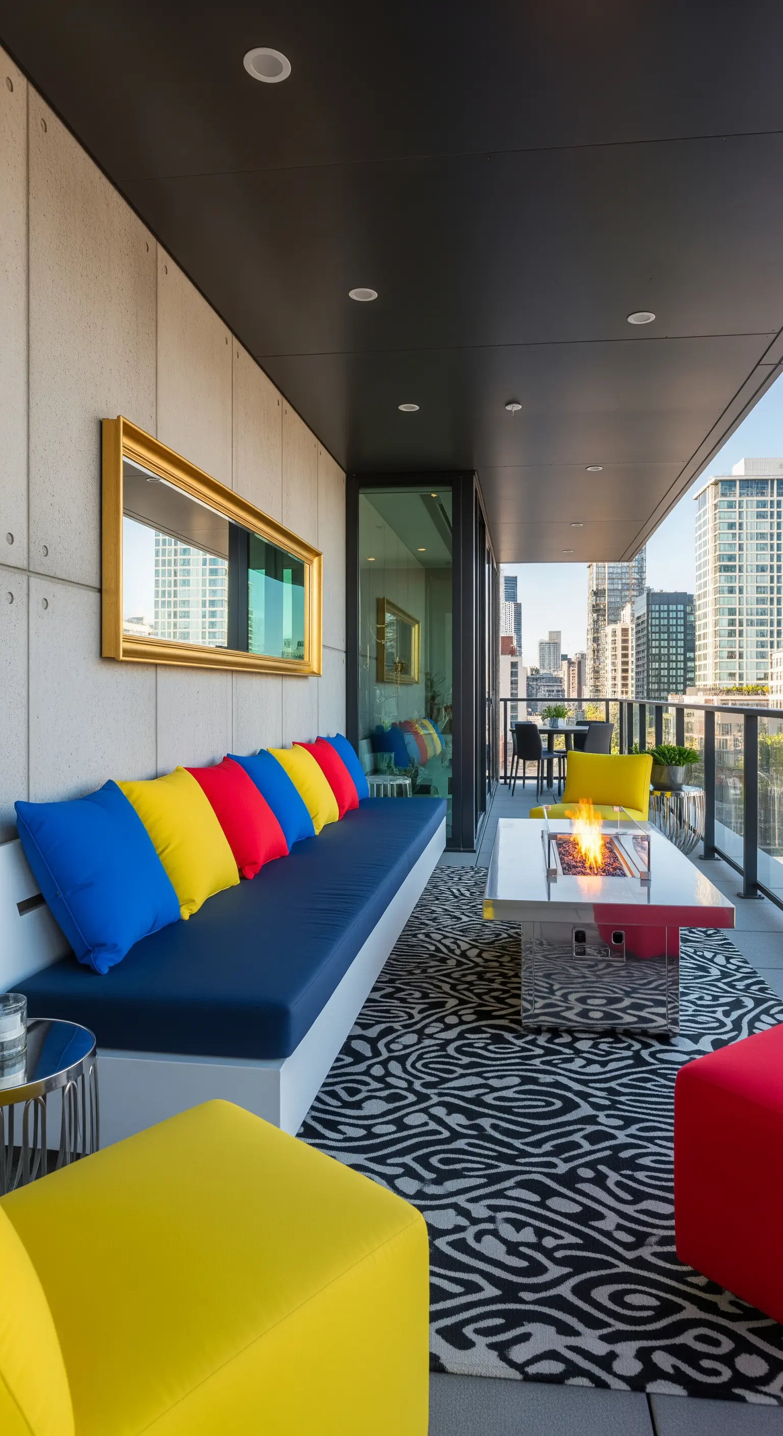 Balcone moderno con divano blu, cuscini colorati, specchio dorato e tappeto zebrato.