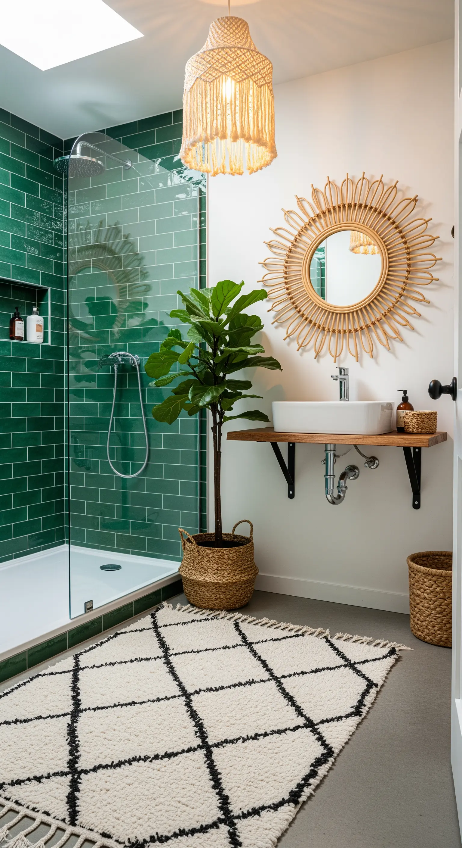 Bagno moderno con piastrelle verdi, specchio in rattan e tappeto berbero a rombi.