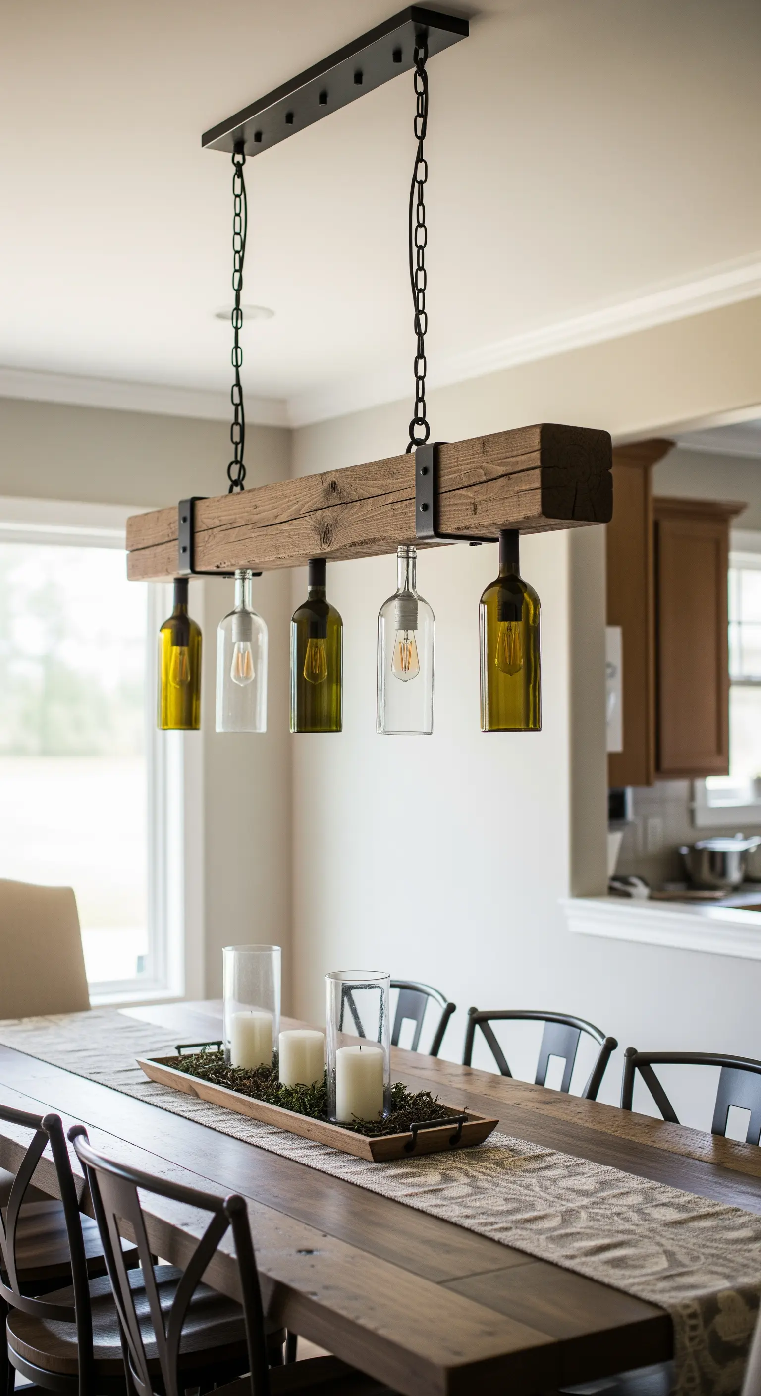 Lampadario in stile farmhouse con trave di legno e un mix di bottiglie verdi e trasparenti.