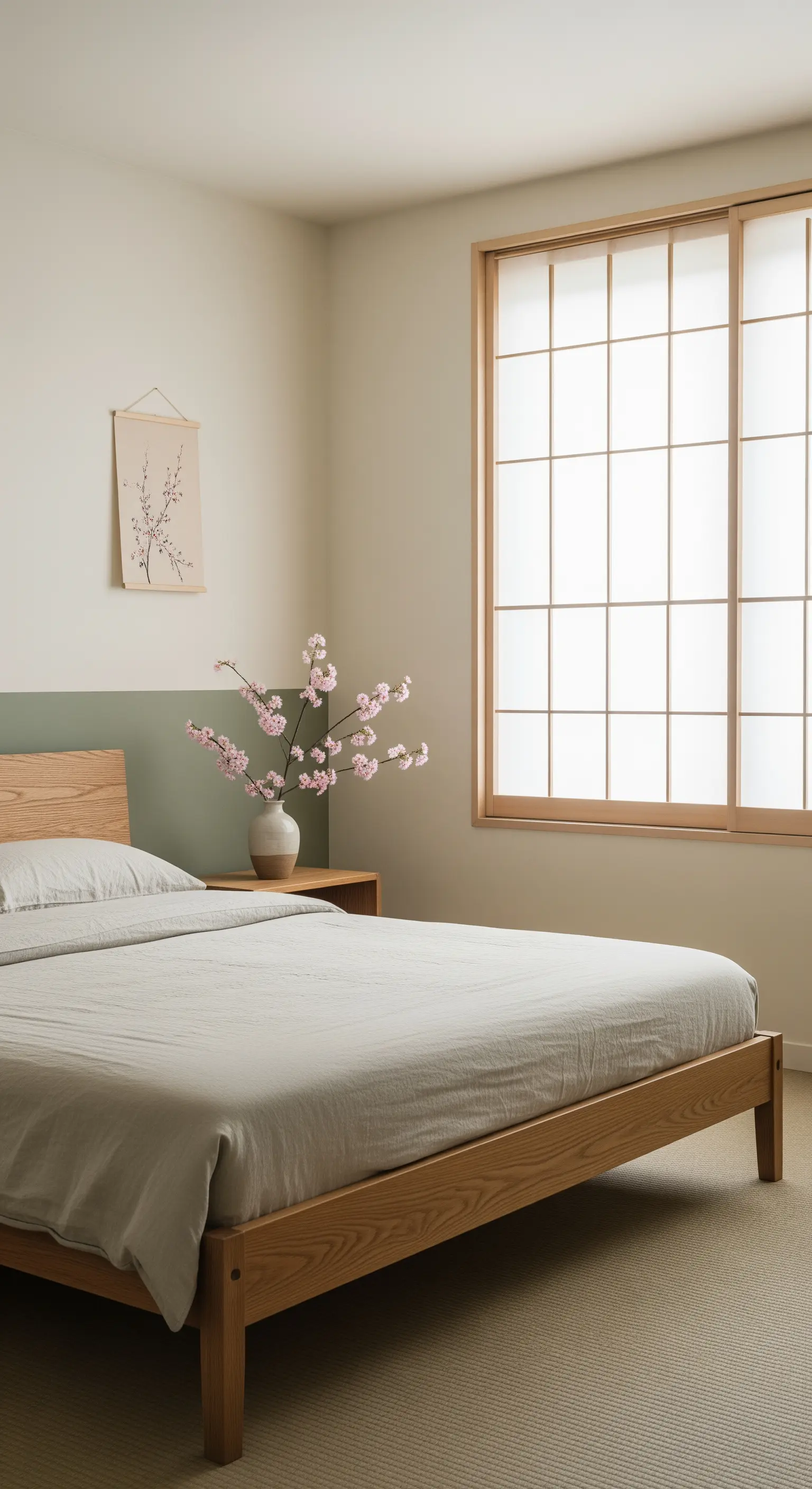 Camera da letto in stile Japandi con parete bicolore verde salvia e bianco.