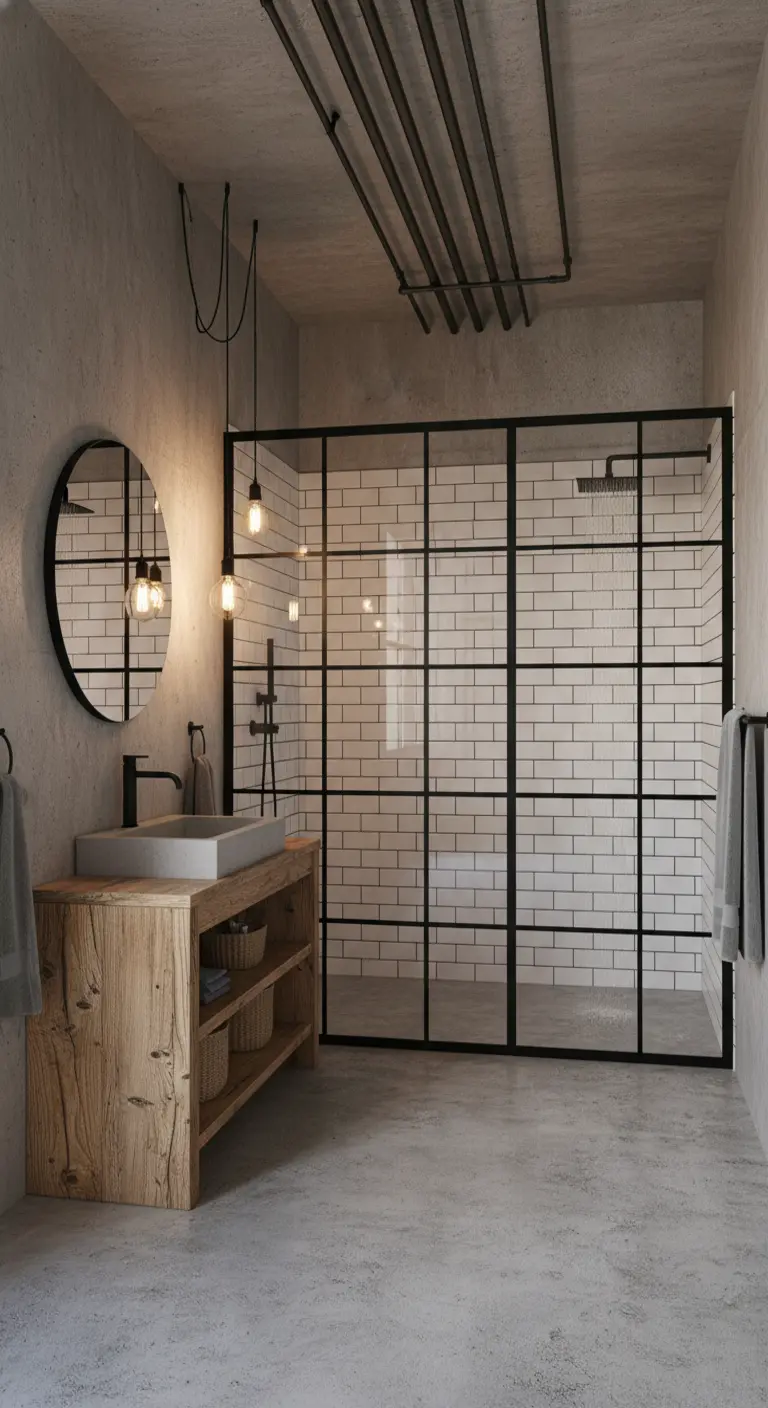 Bagno in stile industriale con pareti in cemento e box doccia con telaio nero.