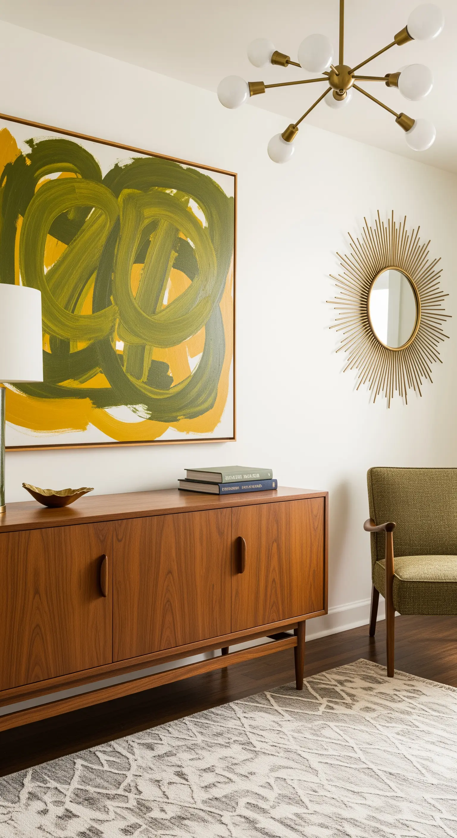 Credenza mid-century con sopra un quadro astratto verde e senape, e uno specchio sunburst.