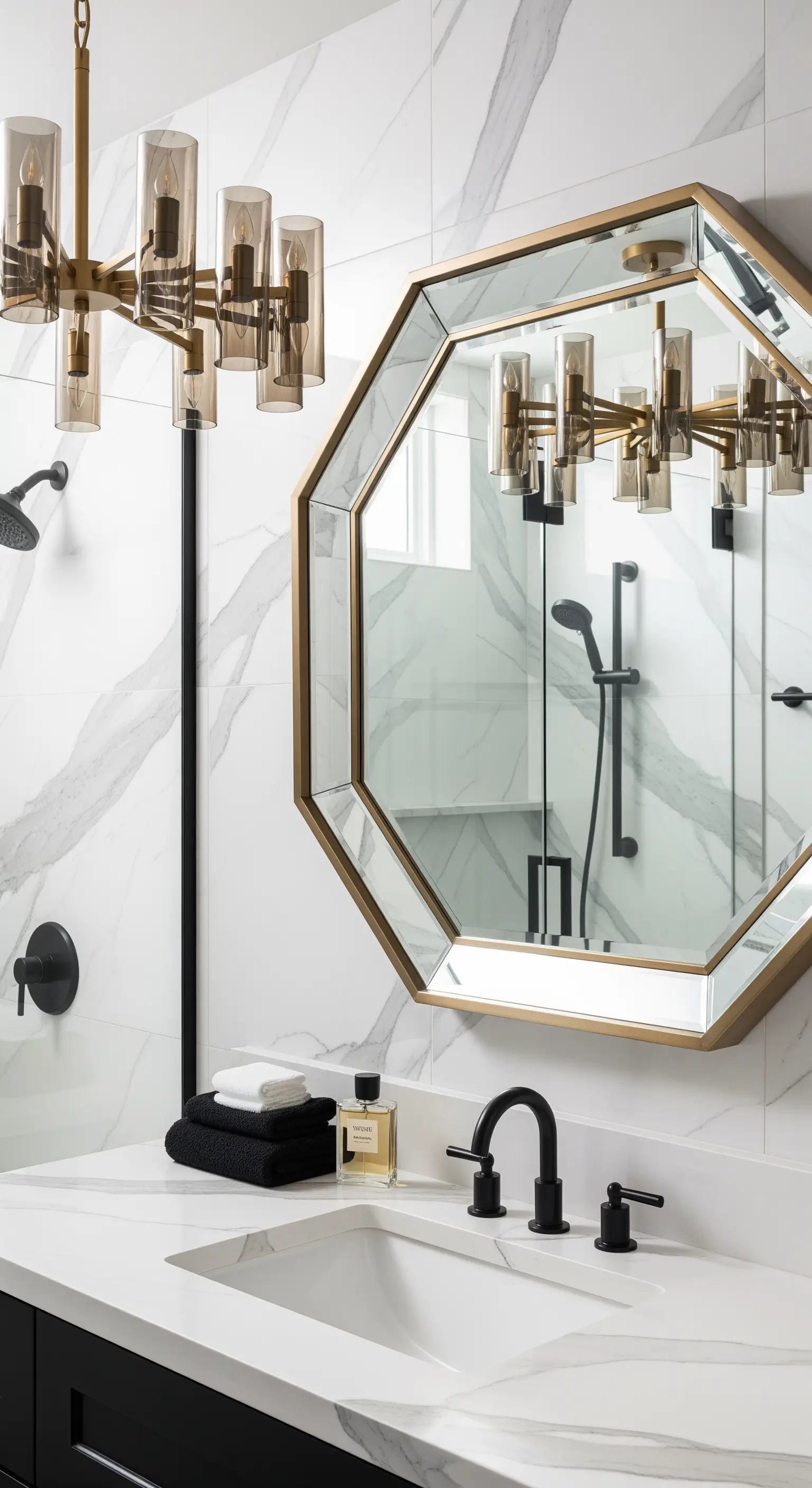 Bagno moderno con specchio ottagonale, rubinetteria nera opaca e lampadario in ottone.