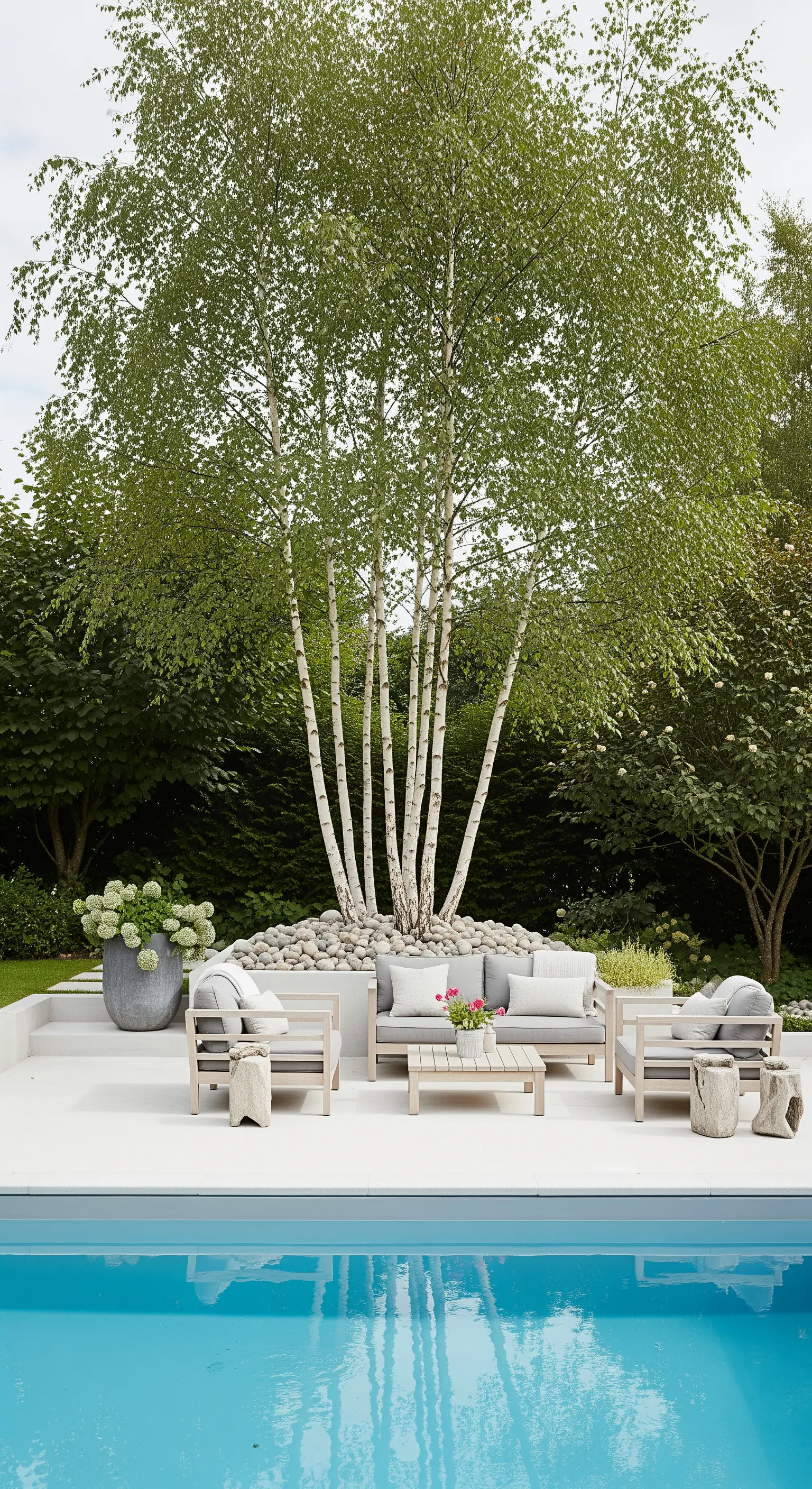 Area lounge con arredi in legno chiaro vicino a un gruppo di betulle su ciottoli di fiume