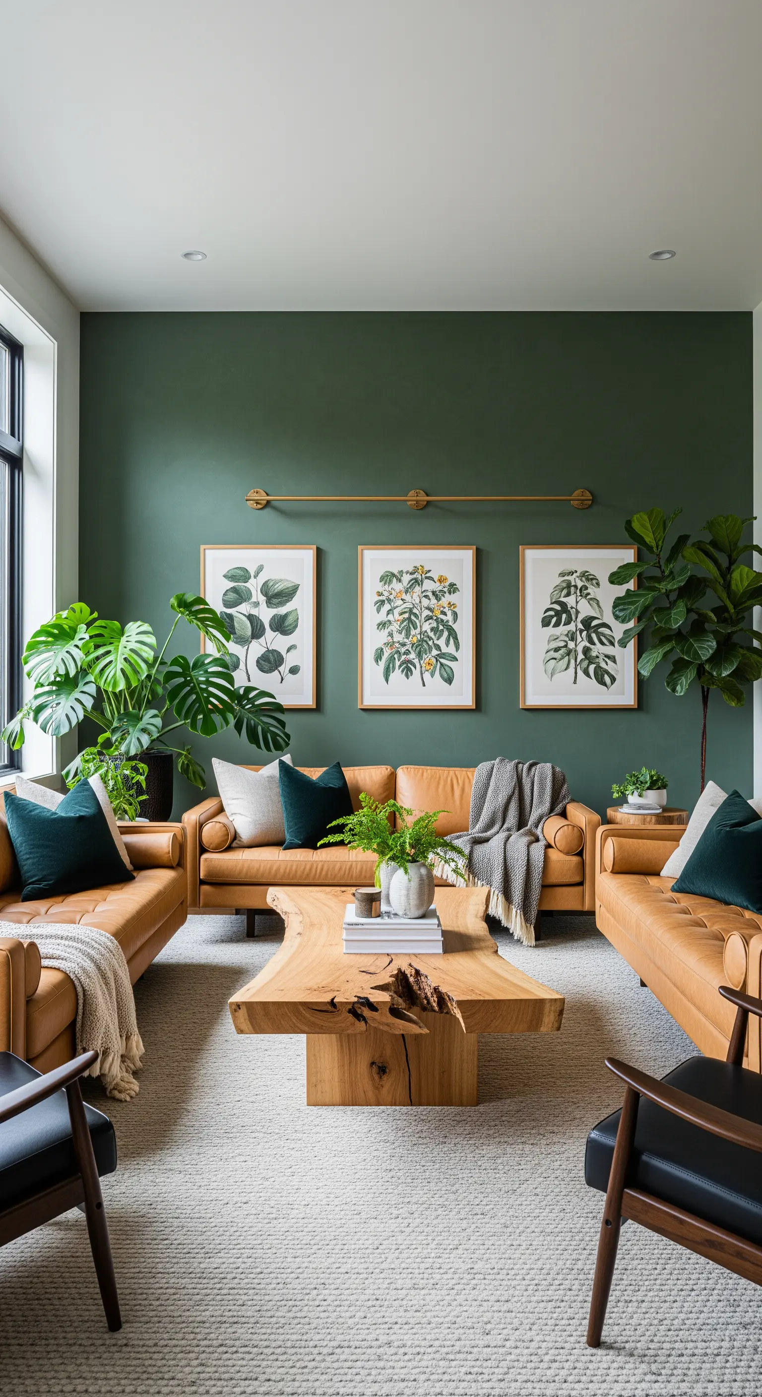 Salotto con parete verde salvia, divani in pelle color cuoio e stampe botaniche.