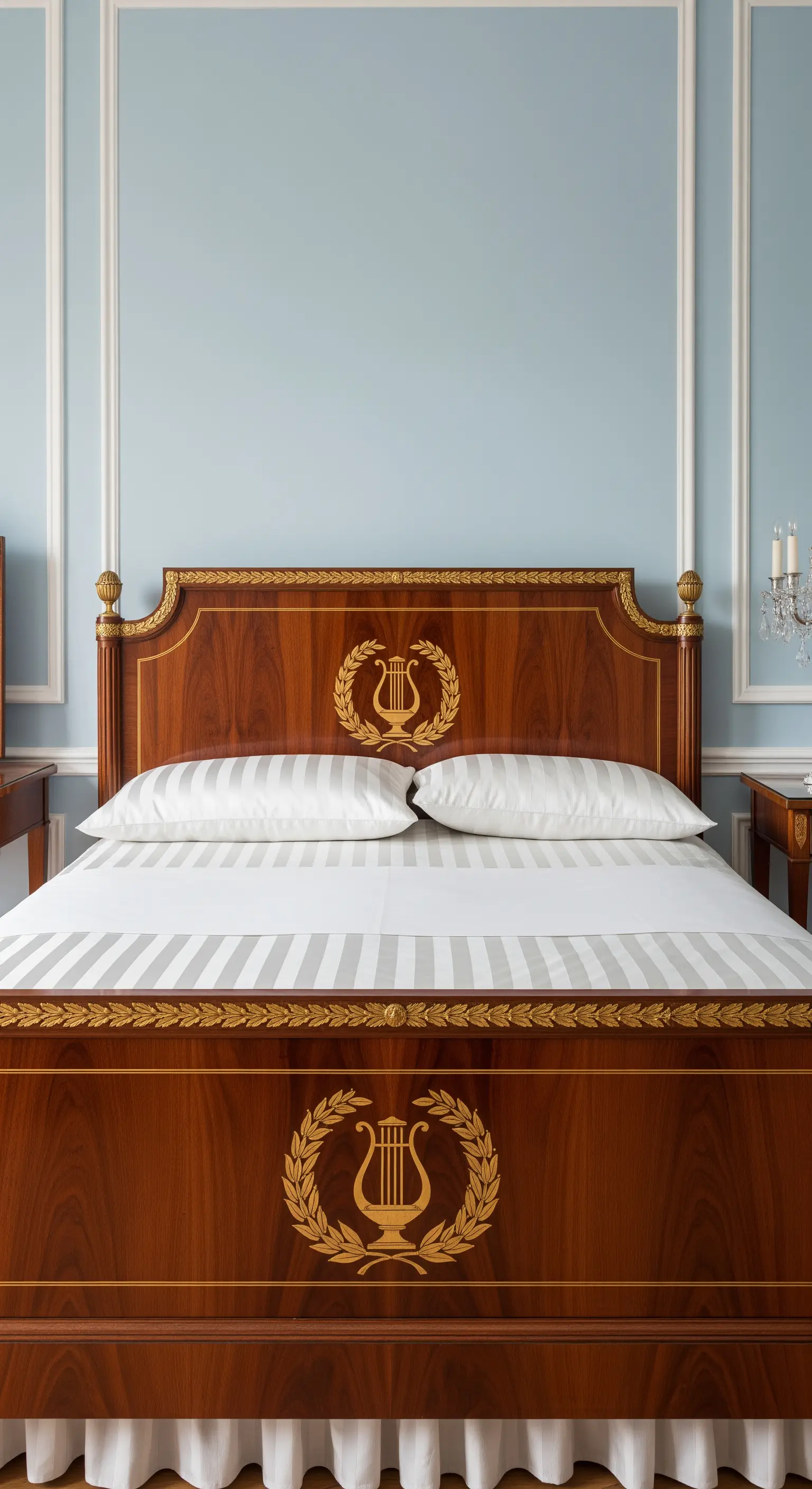 Letto in stile Impero in mogano con intarsi dorati a forma di lira su una parete azzurra.